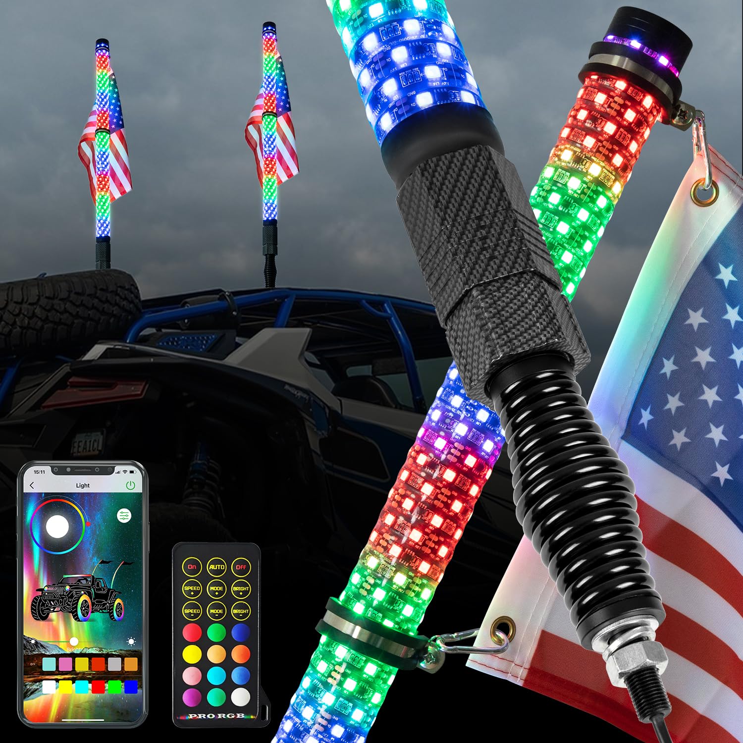 2Pcs 2FT LED Fat Whip Lights with Spring Base - 360° Spiral RGB Chasing Lighted Antenna for Cars, Trucks, ATVs & UTVs | App & Remote Control | Perfect for Off-Roading, Night Rides & Vehicle Customization