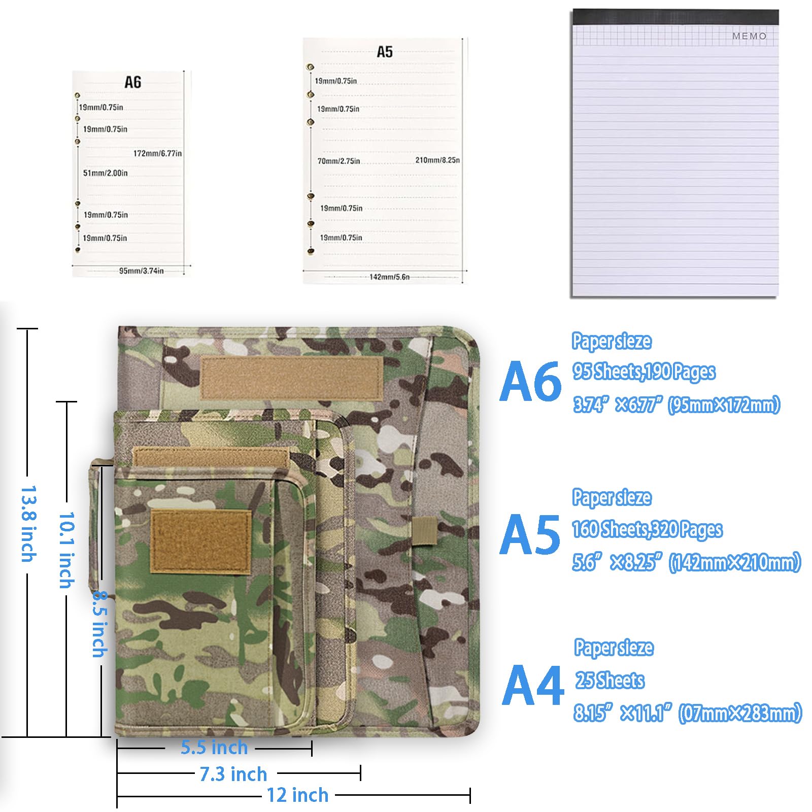 GEEDUD Tactical Padfolio Portfolio Binder with Zipper - 25 Sheets Letter Size Paper Included, A4 Notebook Cover with Detachable 3-Ring Binder (13.5 x 11.5 Inch) - Perfect for Office, School, Business Meetings and Military Use