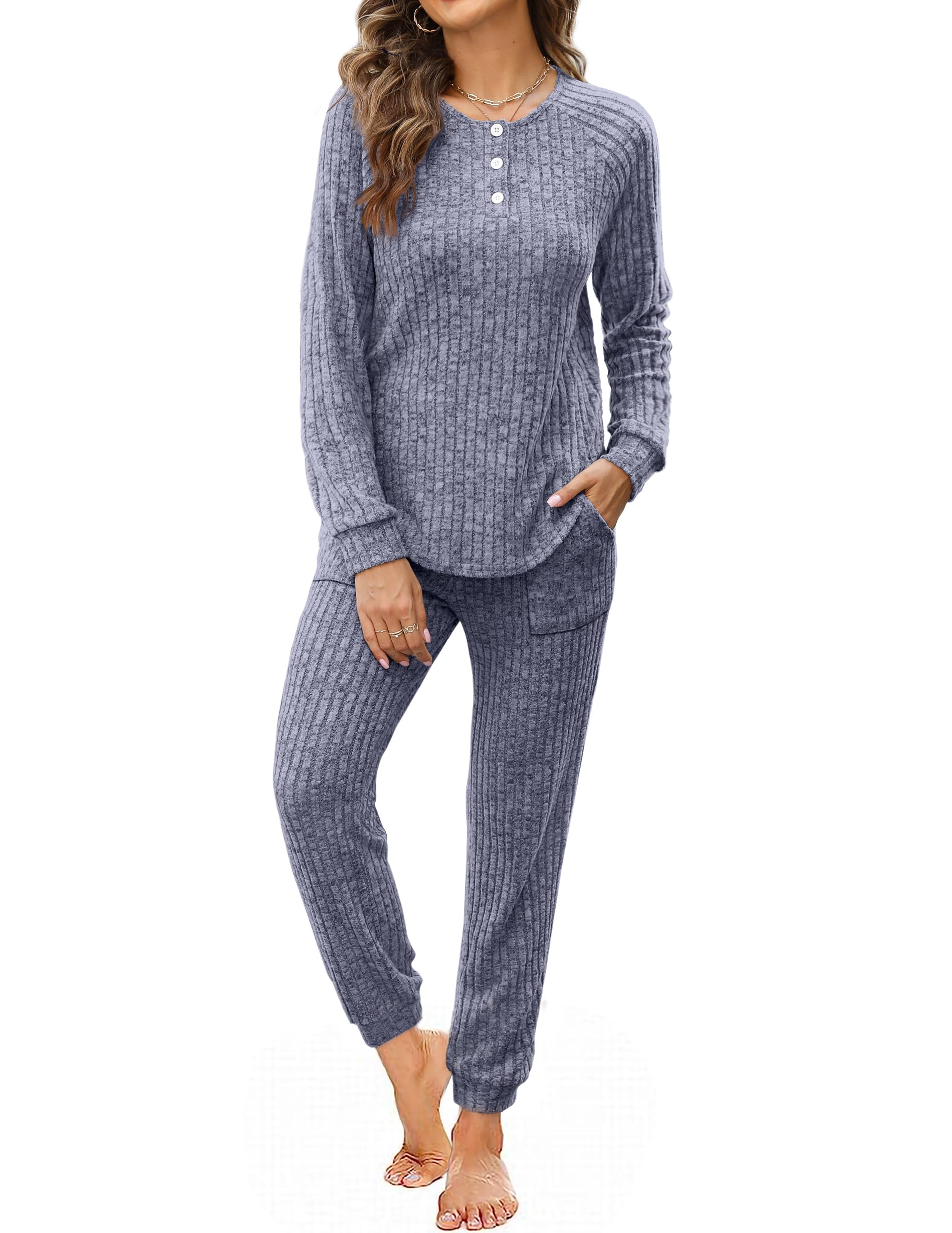 WIHOLL Women's 2-Piece Lounge Set - Button Down Sweatshirt & Sweatpants Outfit with Pockets | Comfortable Casual Wear for Home, Yoga & Running Errands