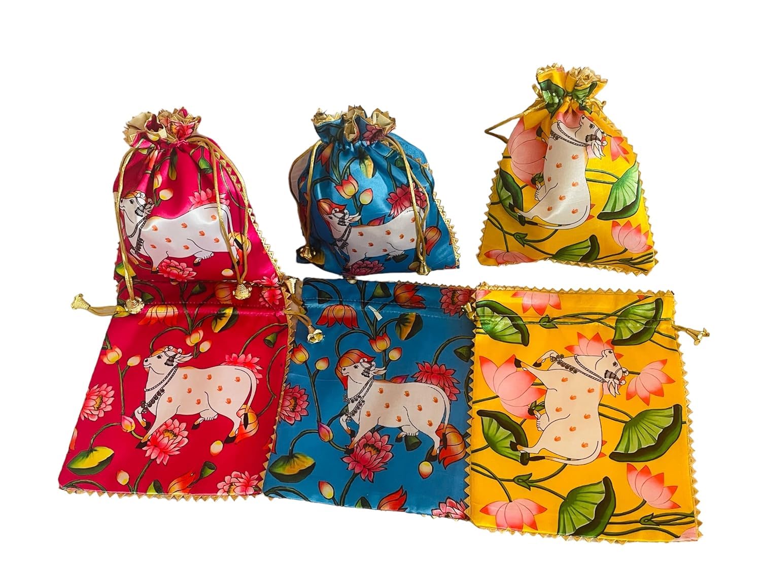 Luxury Silk Cow Print Potli Bags for Women - Elegant Dry Fruit Gift Bags, Wedding Shagun Pouches & Baby Shower Return Gifts | Perfect for Indian Festivals, Bridal Accessories & Special Occasion Gift Packaging