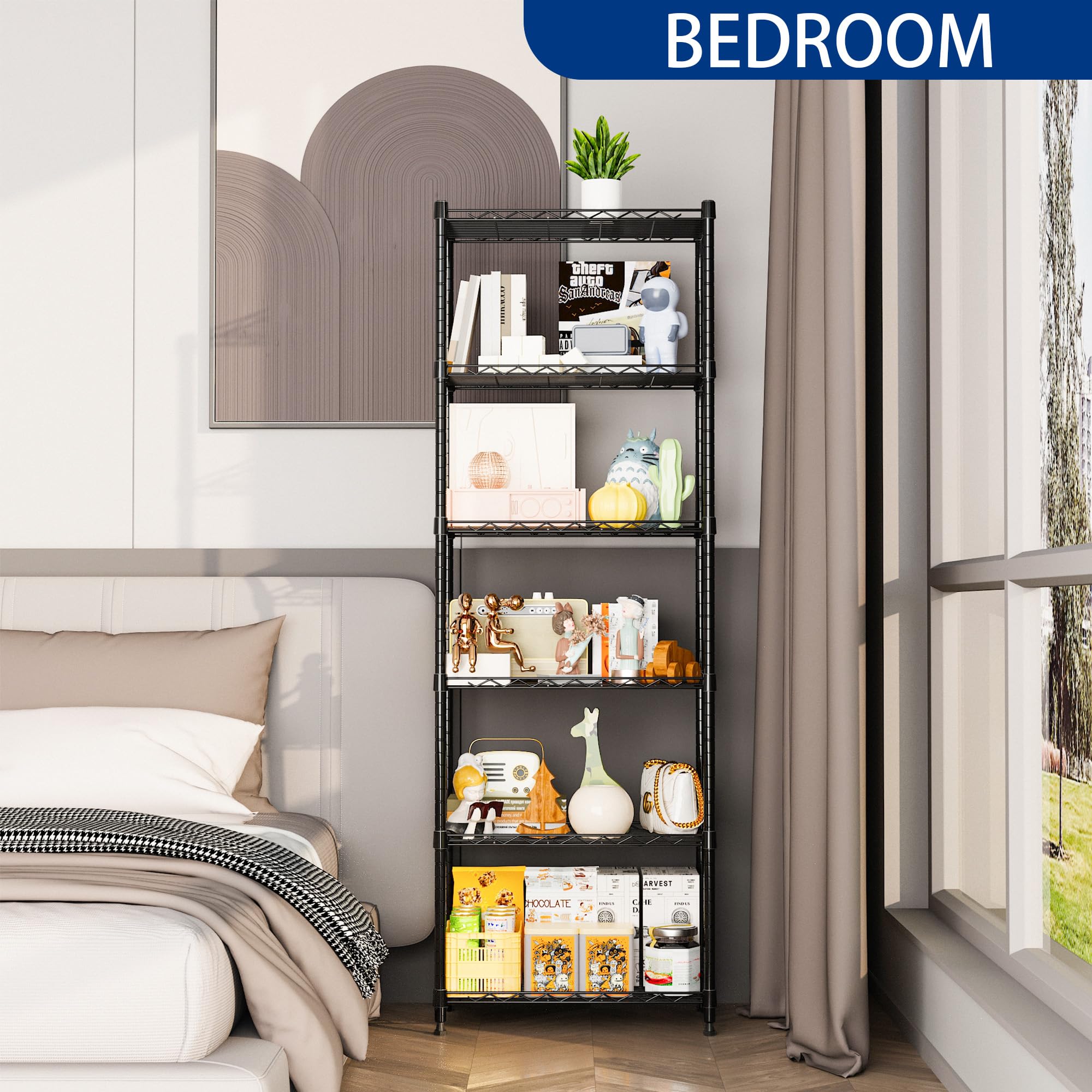 REGILLER 6-Tier Heavy Duty Steel Wire Shelving Unit - Adjustable Storage Rack for Laundry Room, Bathroom, Kitchen, Pantry & Closet Organization (Black, 11.7