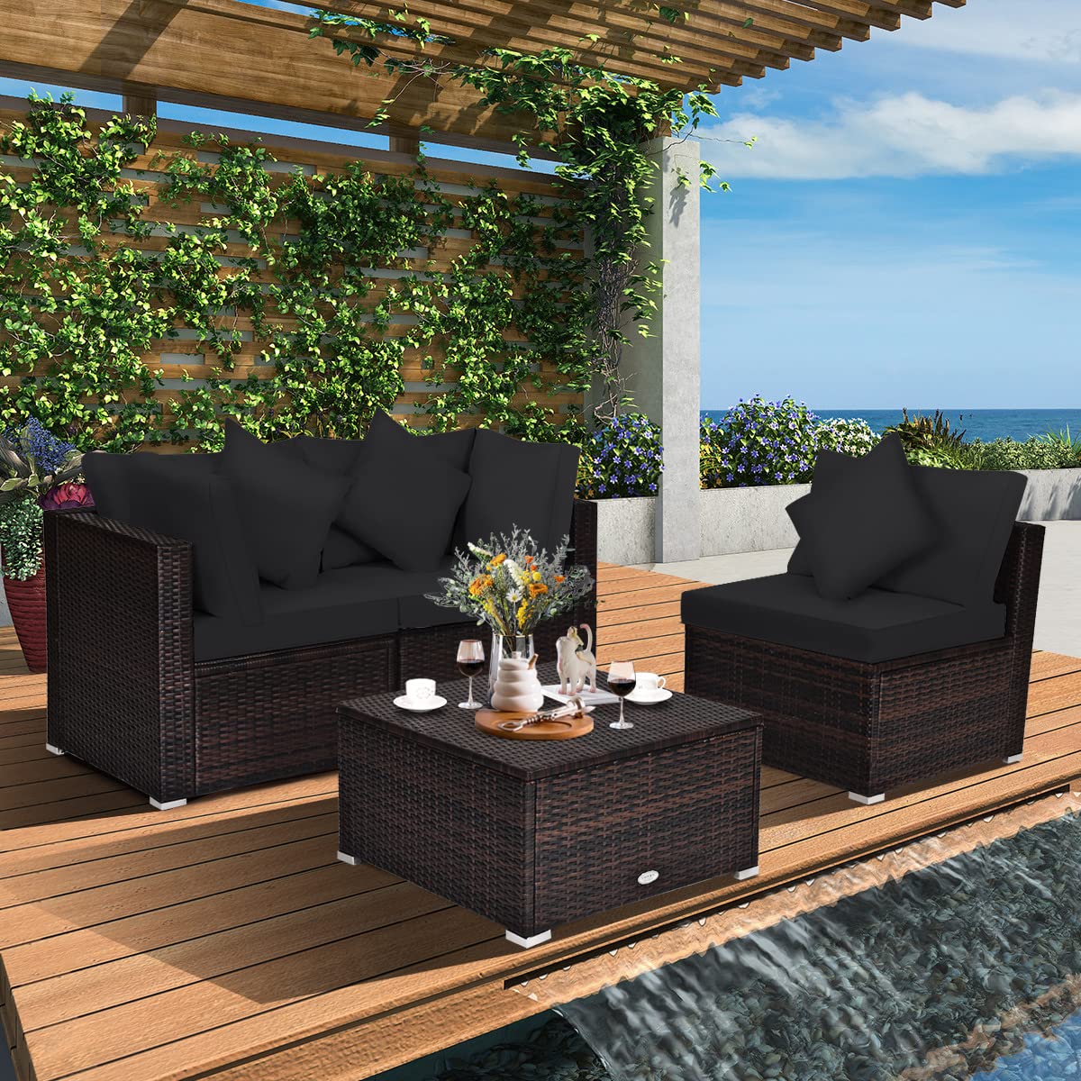 Tangkula 4-Piece Patio Rattan Sofa Set - Outdoor Wicker Sectional Furniture with Removable Cushions & Pillows - Black Garden Conversation Set for Backyard, Porch, Poolside, Balcony & Patio Decor