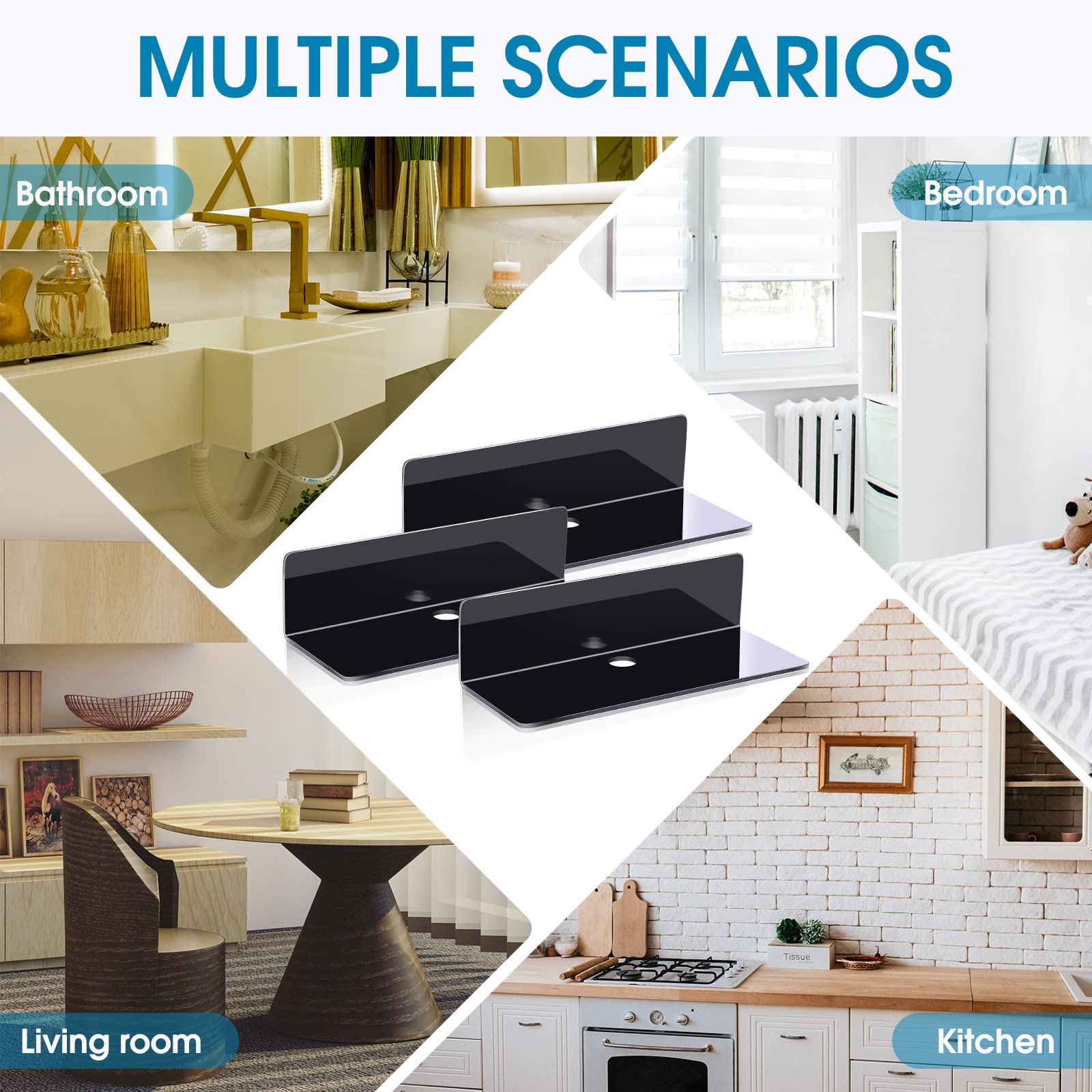 Maitys 8-Pack Clear Acrylic Floating Shelves - 9 Inch No Drill Wall Mounted Display Shelves for Home & Office - Strong Adhesive Backing - Perfect for Living Room, Bathroom, Bedroom & Kitchen Decor (Black) | Ideal for Organizing Books, Plants, Photos & Decorative Items