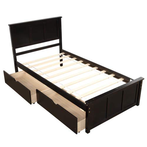 Platform Storage Bed with 2 Rolling Drawers - Twin Size Bed Frame in Espresso Finish | Space-Saving Bedroom Solution for Small Rooms & Dormitories