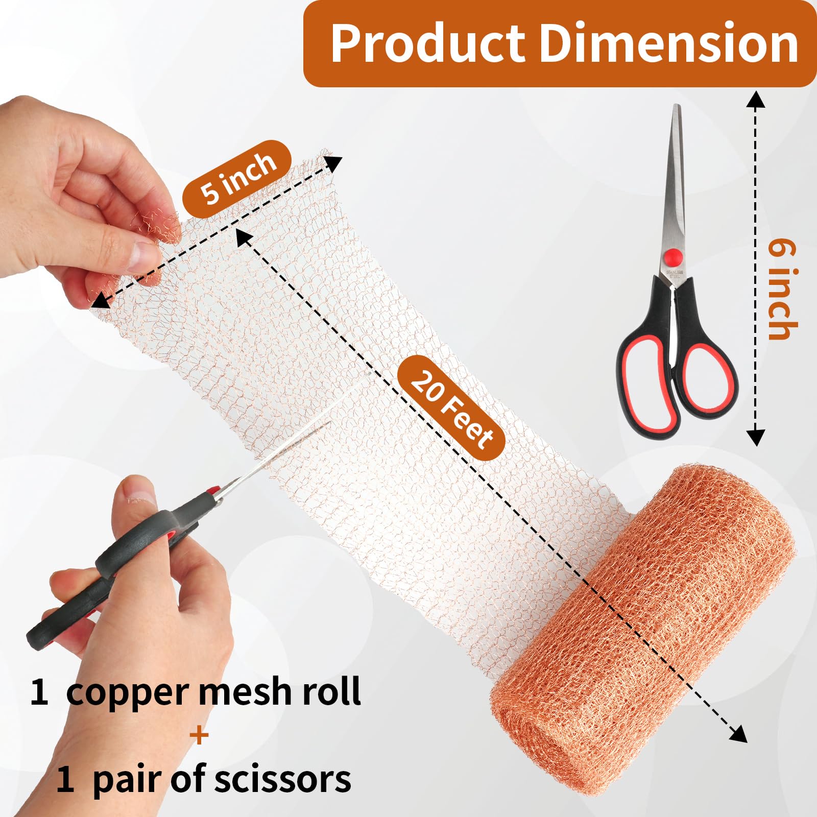 5” x 20 Feet 100% Pure Copper Mesh Roll for Rodent Control - Rustproof Copper Wool for Slugs, Mice & Rodent Defense - Includes Scissors for Easy Installation - Ideal for Hole Blocking, Gardening & Home Protection