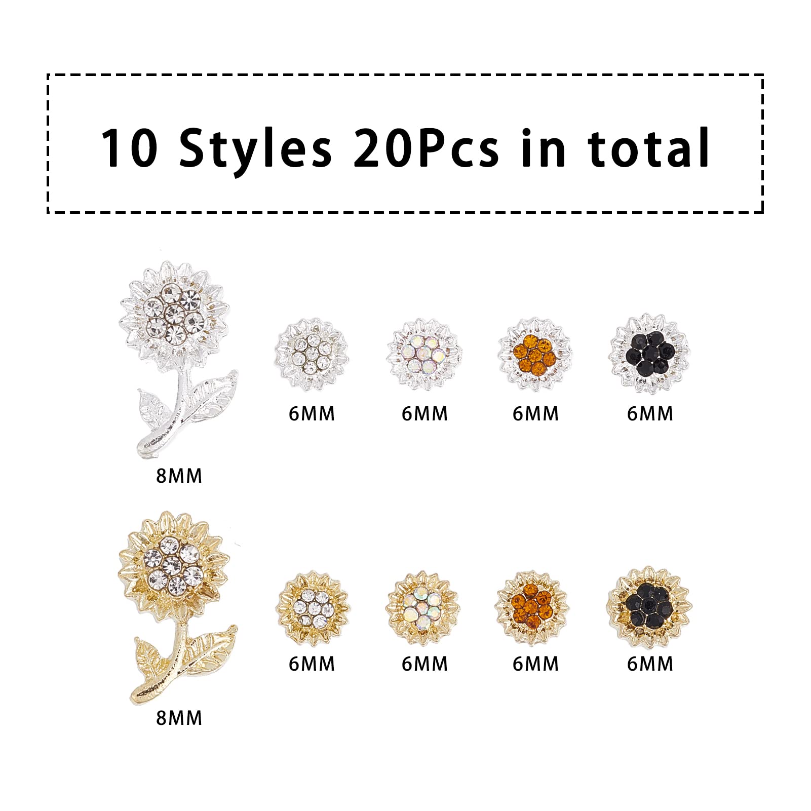 NICENEEDED 20Pcs Alloy Sunflower Nail Charms - 3D Gold & Silver Flower Nail Studs with Rhinestones, 10 Styles Metal Nail Art Decorations for Women & Girls DIY Manicure - Perfect for Nail Salon, Home Nail Design & Party Nail Art