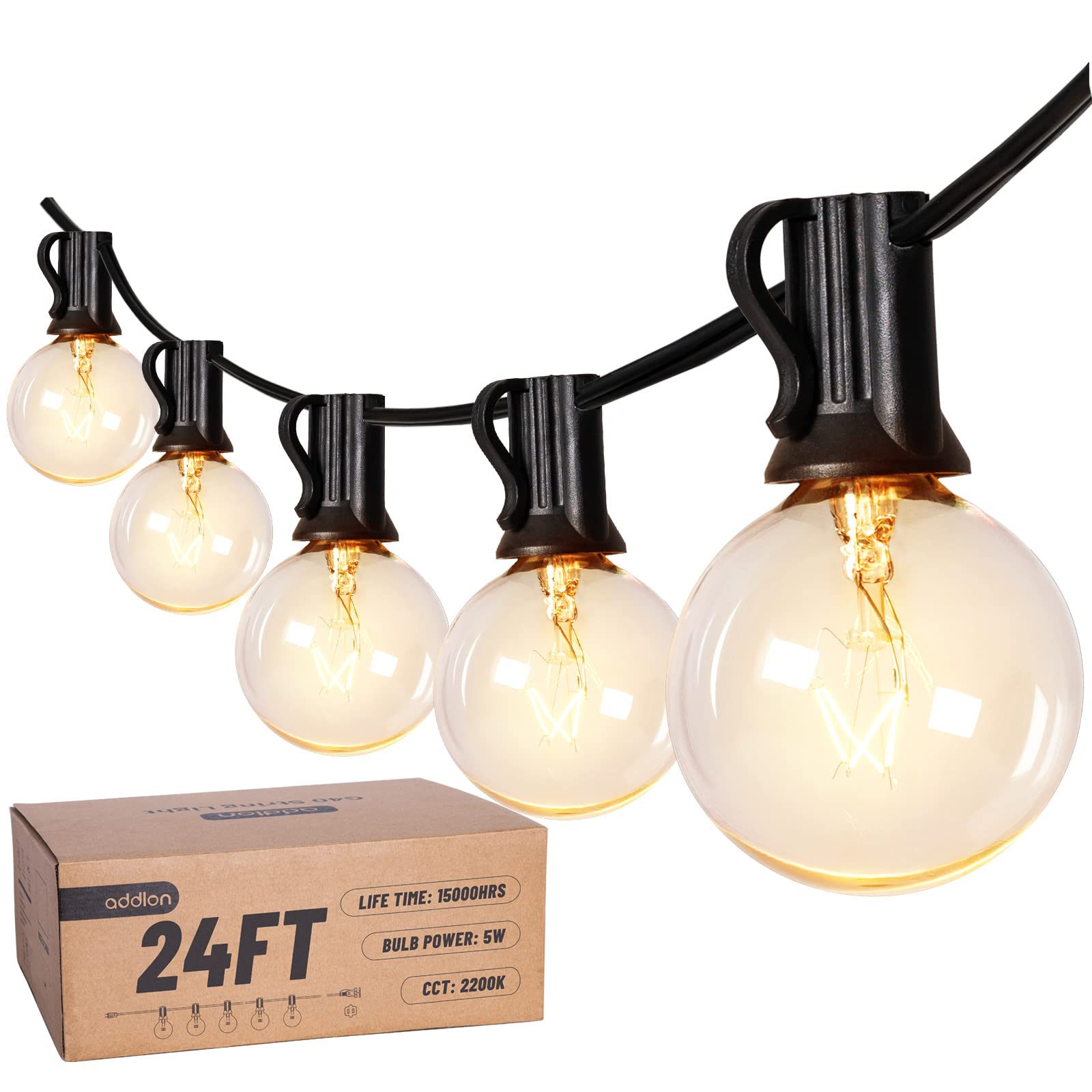 Addlon 24FT G40 Globe Outdoor String Lights - UL Listed Waterproof Connectable Hanging Lights for Patio, Deck, Garden, Porch | Perfect for Bistro, Party, Wedding & Tent Decorations
