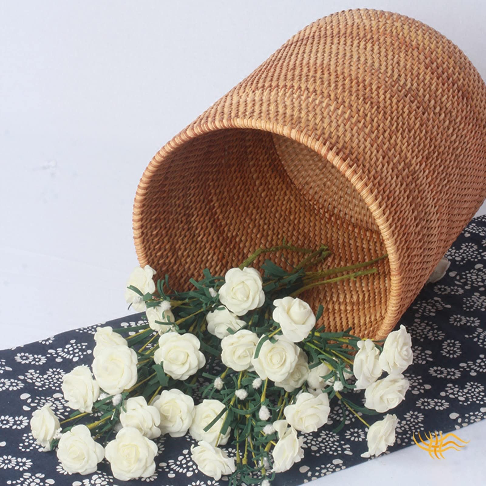Eco-Friendly Rattan Trash Can - Round Bathroom Waste Basket, Natural Desktop Cylinder Garbage Bin for Bedroom, Office & Home Decor | Perfect for Bathroom, Living Room & Dorm Organization (Size A)
