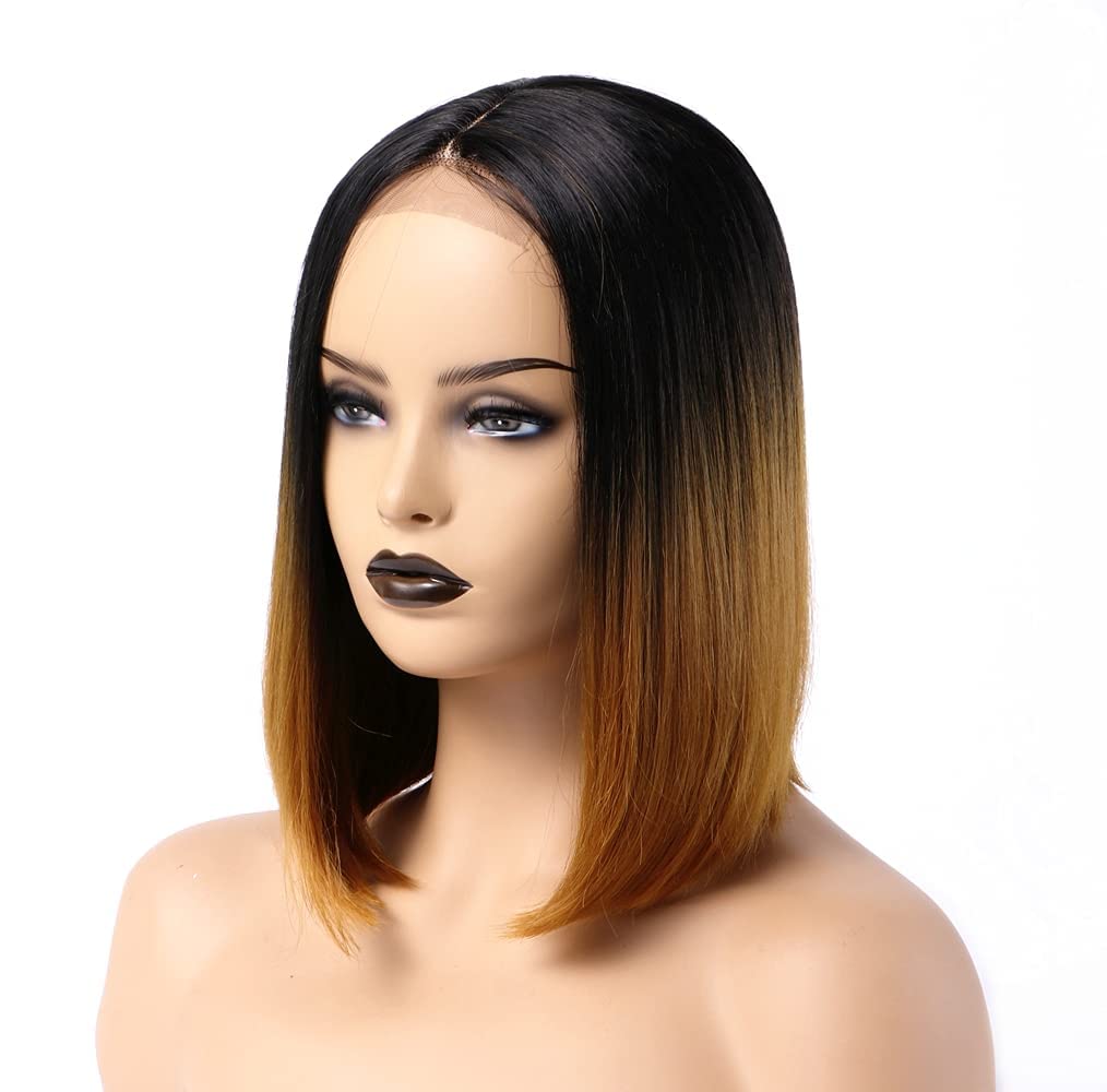 VSAKSH Short Bob Wigs for Women - Brown Ombre Blonde Synthetic Straight Hair with Matte Finish & Middle Part | Perfect for Cosplay, Daily Wear & Fashion Styling
