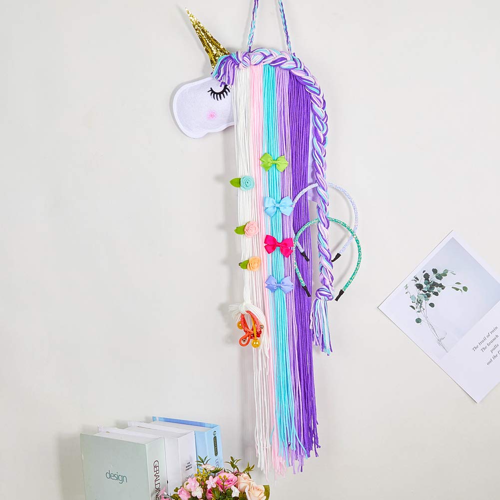 Beinou Unicorn Hair Clips Holder with Rainbow Tassels - Pink Yarn Hair Bow Organizer & Shy Unicorn Headband - Perfect for Girls' Room Decor and Unicorn Theme Party Supplies