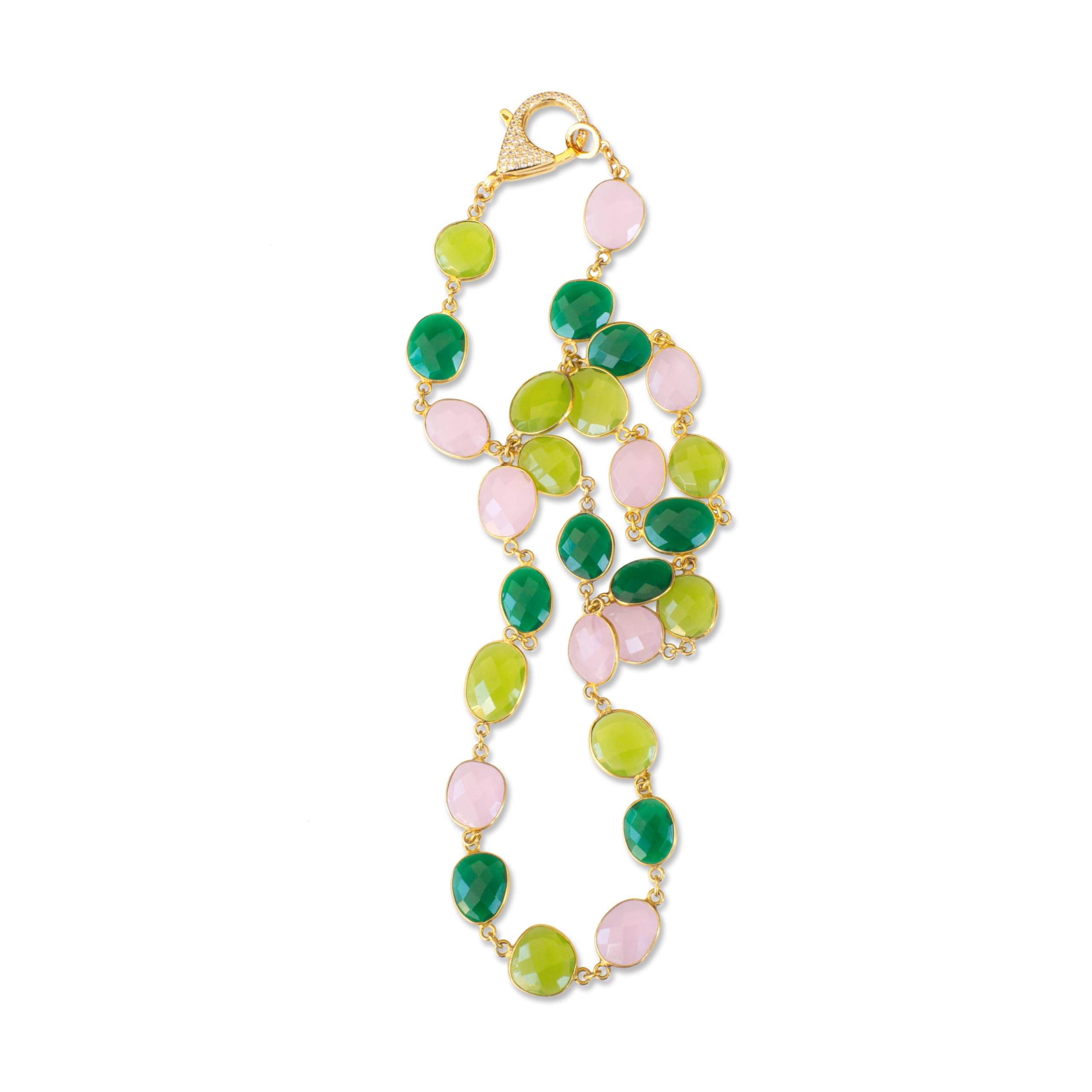 Hydro Quartz Rock Candy Necklace in Green & Pink with Gold-Plated Links - Elegant Bohemian Jewelry for Women, Perfect for Festivals, Parties & Everyday Wear