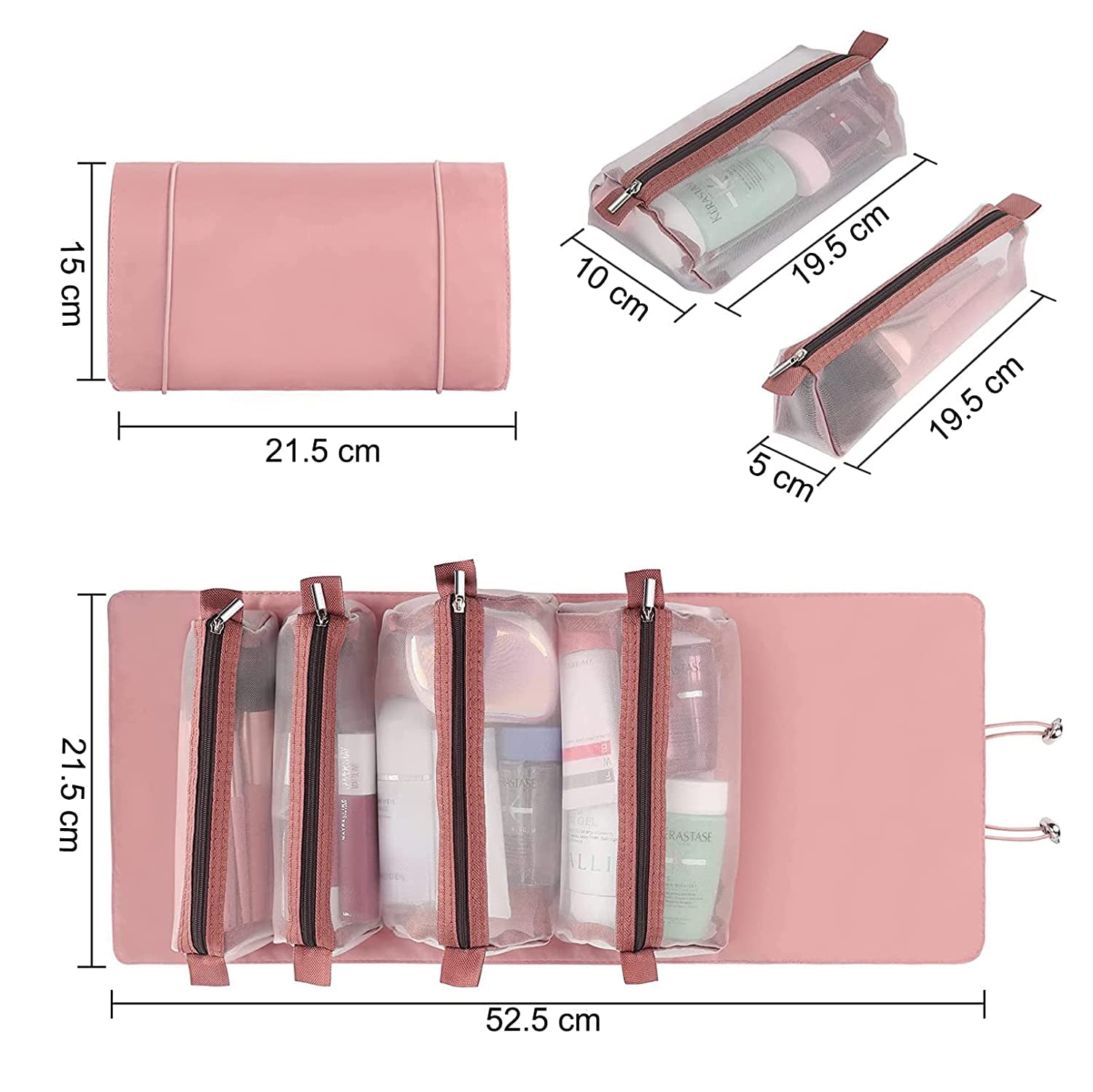 Ambiger Roll Up Hanging Makeup Bag for Women | Foldable Travel Toiletry Organizer with 4 Detachable Compartments | Waterproof Cosmetic Pouch (Pink) - Perfect for Travel, Gym, Camping & Daily Beauty Storage
