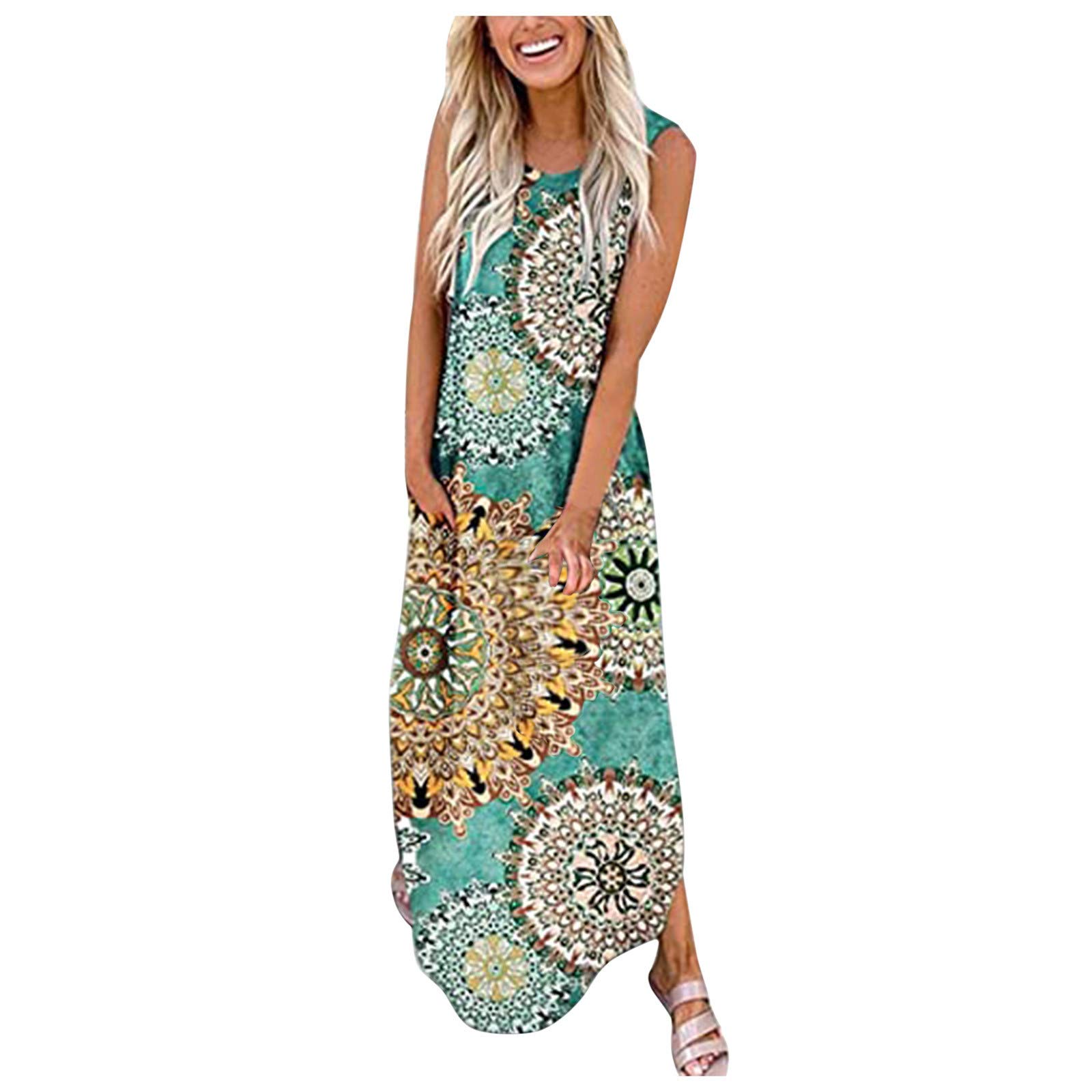 Women's Summer Casual Loose Pocket Tie Dye Long Maxi Dress - Sleeveless Split Design for Beach, Vacation & Everyday Wear
