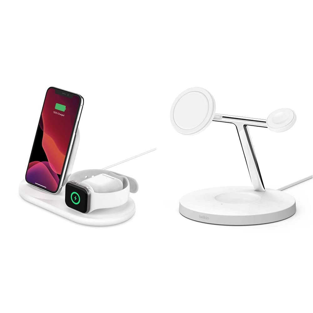 Belkin 3-in-1 Wireless Charging Station for iPhone 15/14/13/12 with MagSafe - 15W Fast Charger for iPhone, Apple Watch & AirPods - White (WIZ001ttWH) | Perfect for Home, Office & Travel Charging Needs