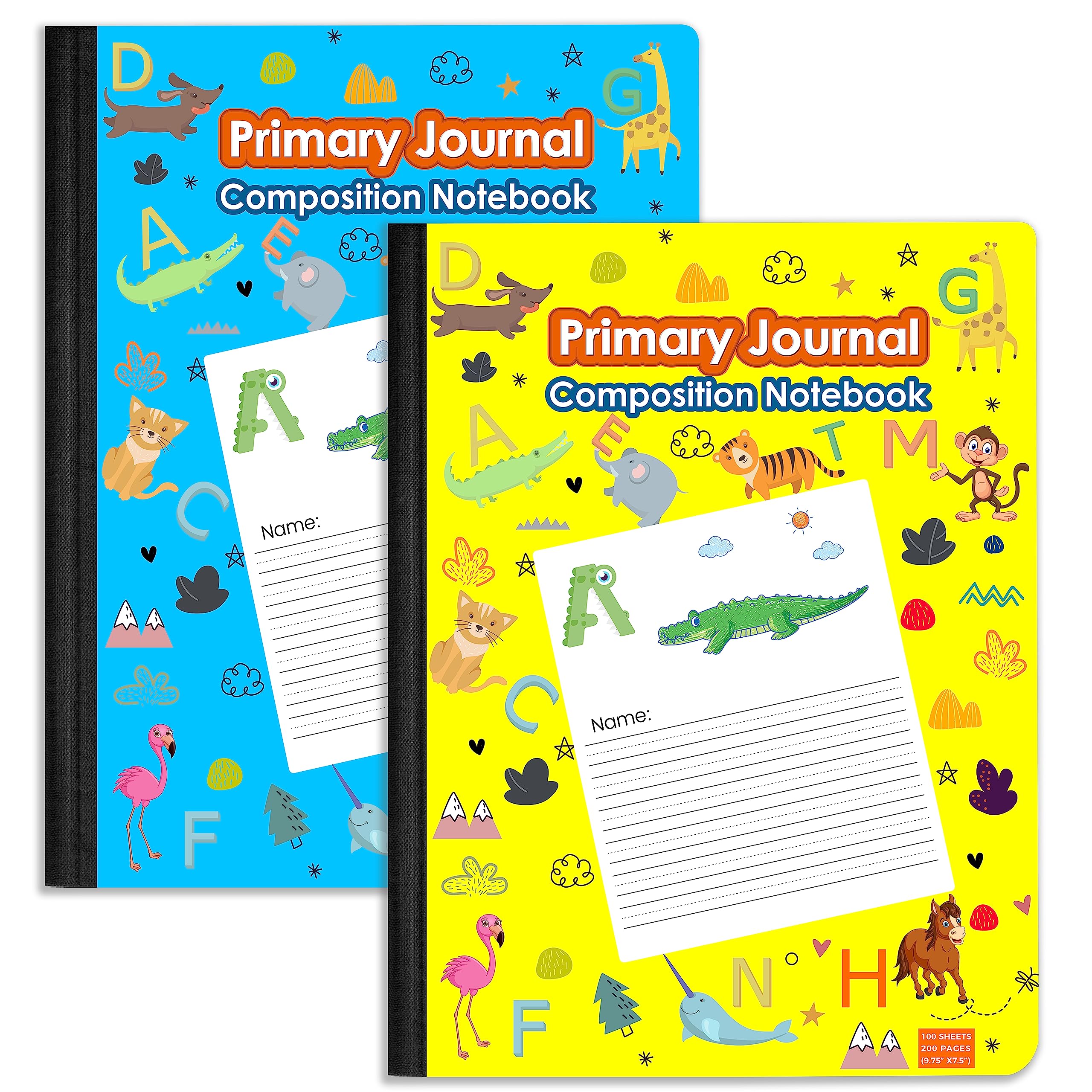 Primary Journal Composition Notebooks for Kids - 2 Pack ABC & Animal Print Writing Notebooks, 100 Sheets/200 Pages, 9.75