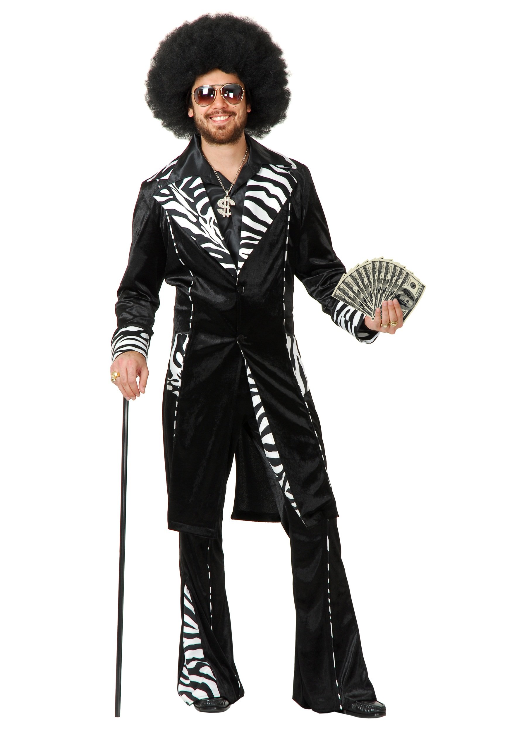 Plus Size Mac Daddy Pimp Costume for Men - 3XL 4XL 5XL Halloween Outfit with Hat & Cane - 1970s Disco Party & Theme Dress Up