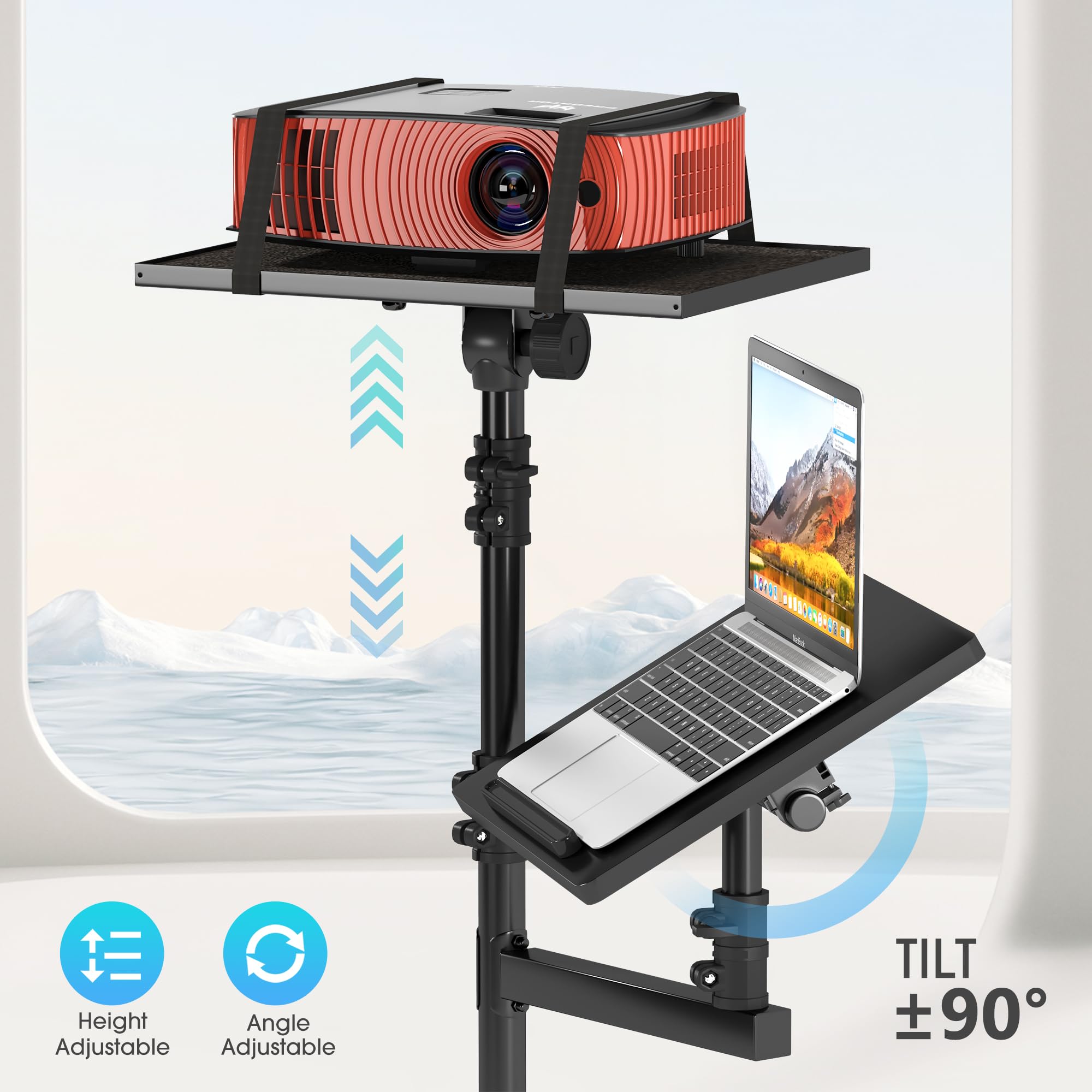 Adjustable Height Projector Stand Tripod with 2 Shelves - Mobile Rolling Desk Cart on Wheels (45