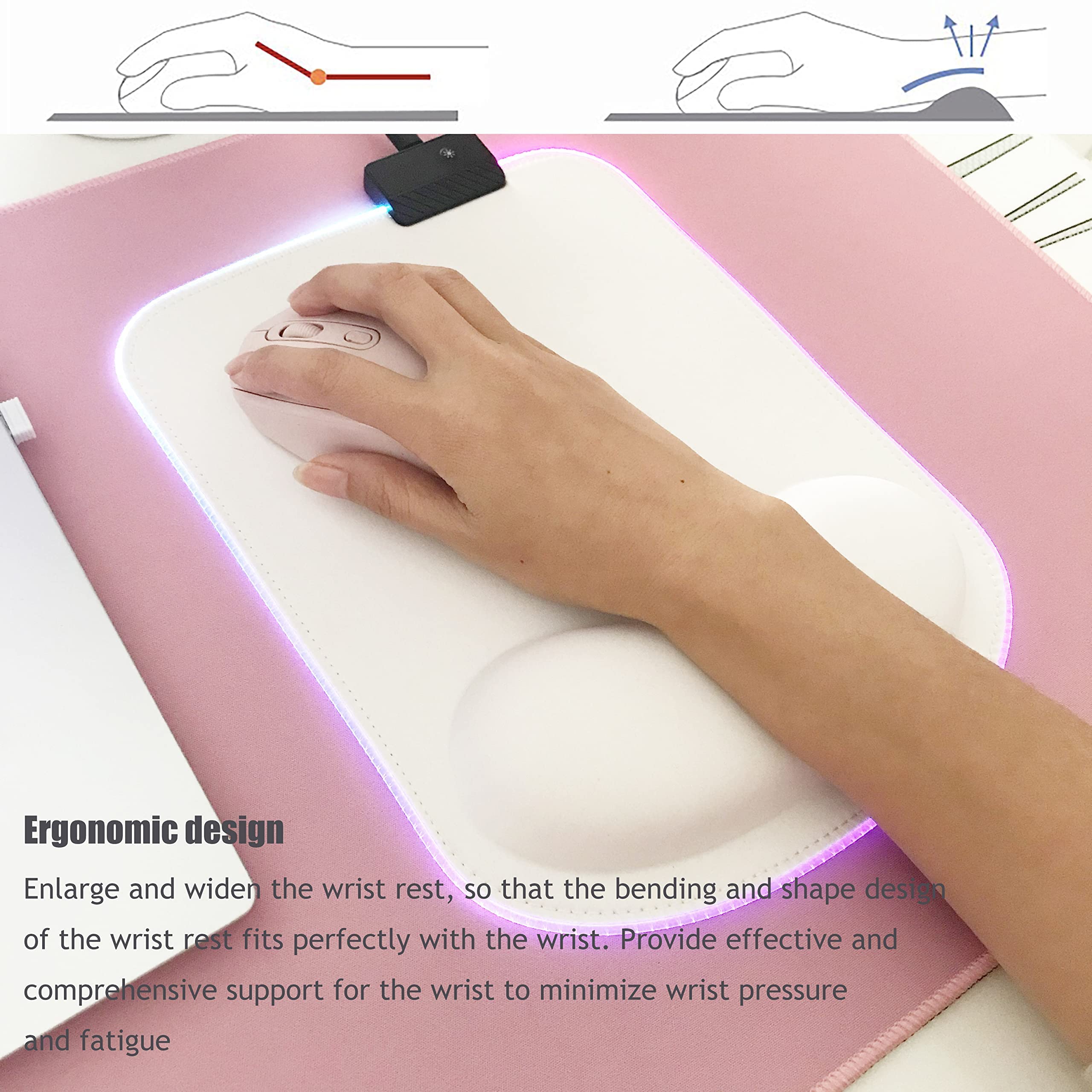 RGB Gaming Mouse Pad with Wrist Support - 13 LED Lighting Modes, Anti-Slip Rubber Base, Ergonomic Pain Relief Design for PC, Laptop - Perfect for Office, Home & Gaming (11.8