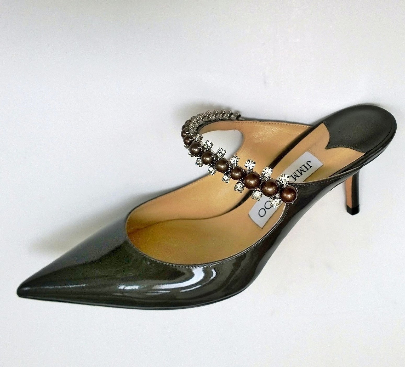 Jimmy Choo Bing 65mm Patent Leather Heels - Grey with Pearl & Rhinestone Band - Perfect for Weddings, Parties & Evening Events