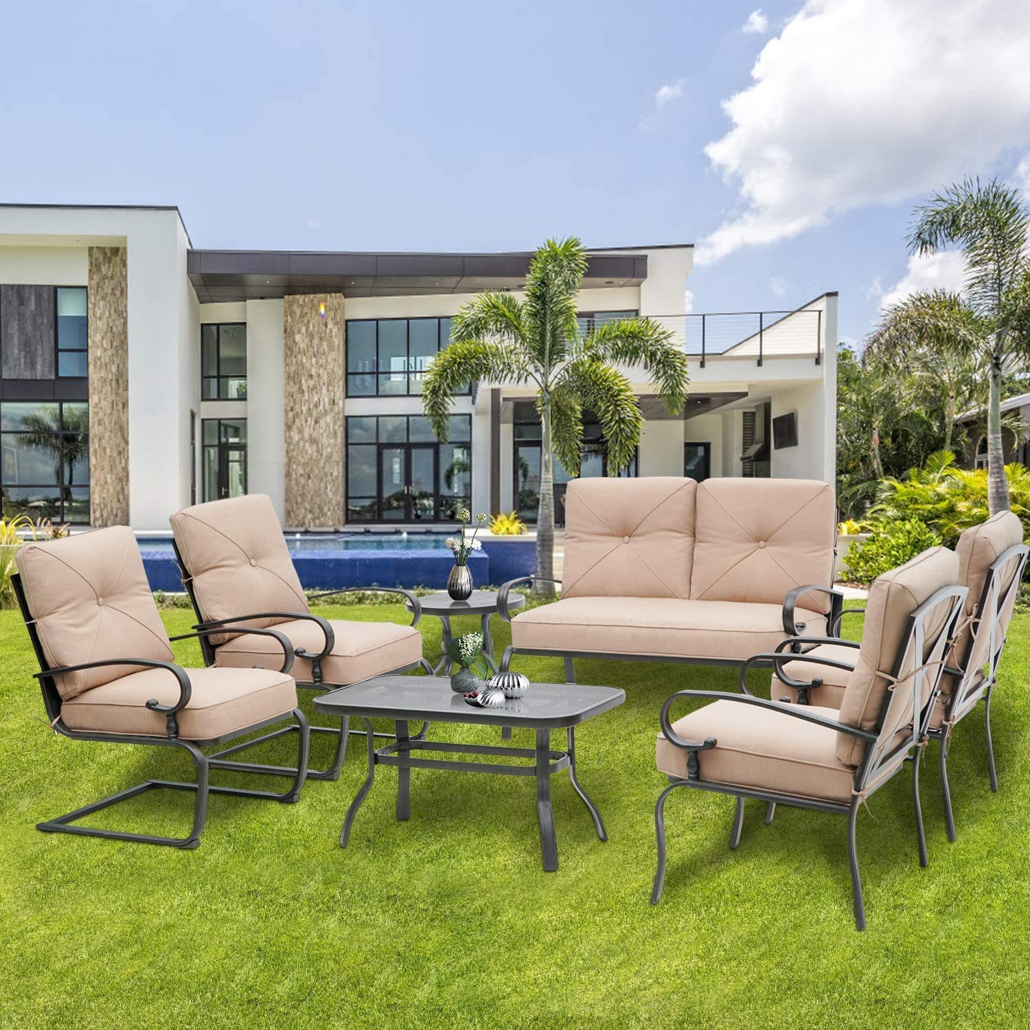 7-Piece Outdoor Metal Patio Furniture Set - Loveseat, 2 Dining Chairs, 2 Spring Chairs & 2 Coffee Tables with Brown Cushions - Perfect for Garden, Backyard, Poolside or Terrace Relaxation