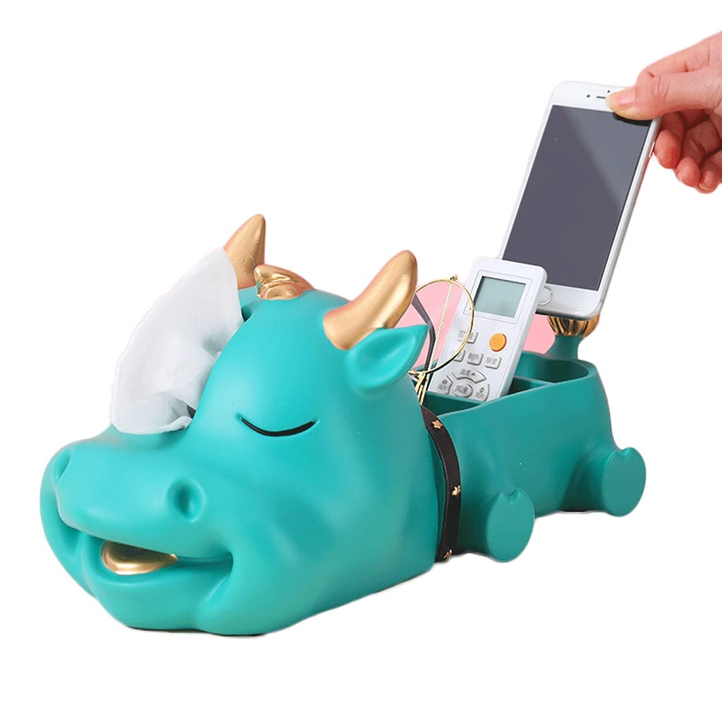 Creative Cow Tissue Box Holder - Resin Desktop Paper Storage Organizer with Animal Face Design - Blue Tissue Dispenser for Home & Office Decor (Size: 39x18x17cm) - Perfect for Living Room, Bathroom, and Bedroom Organization