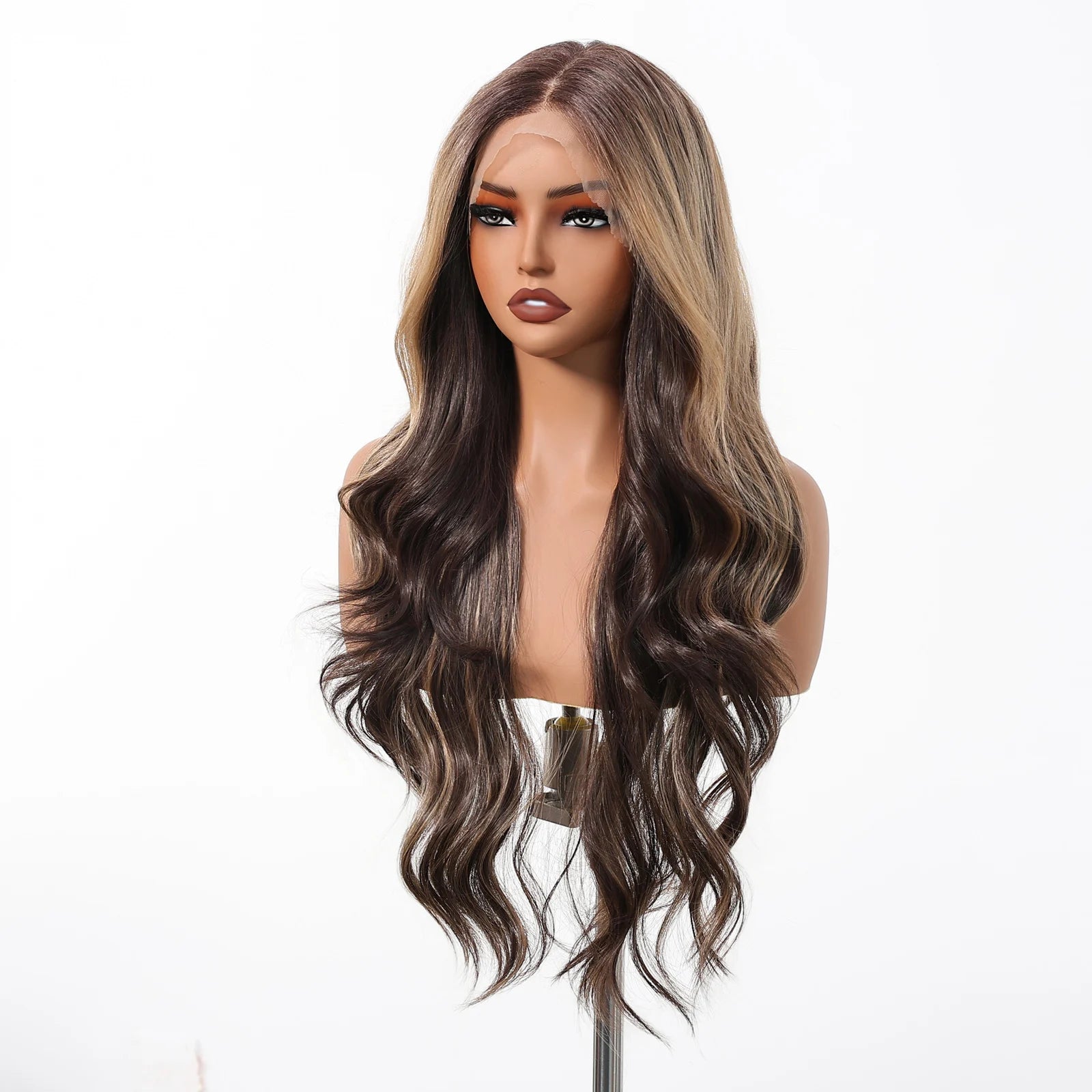 Long Brown Blonde Highlight Synthetic Hair Wig for Women - Natural Looking Straight Shoulder Length Cosplay Costume Party Daily Wear