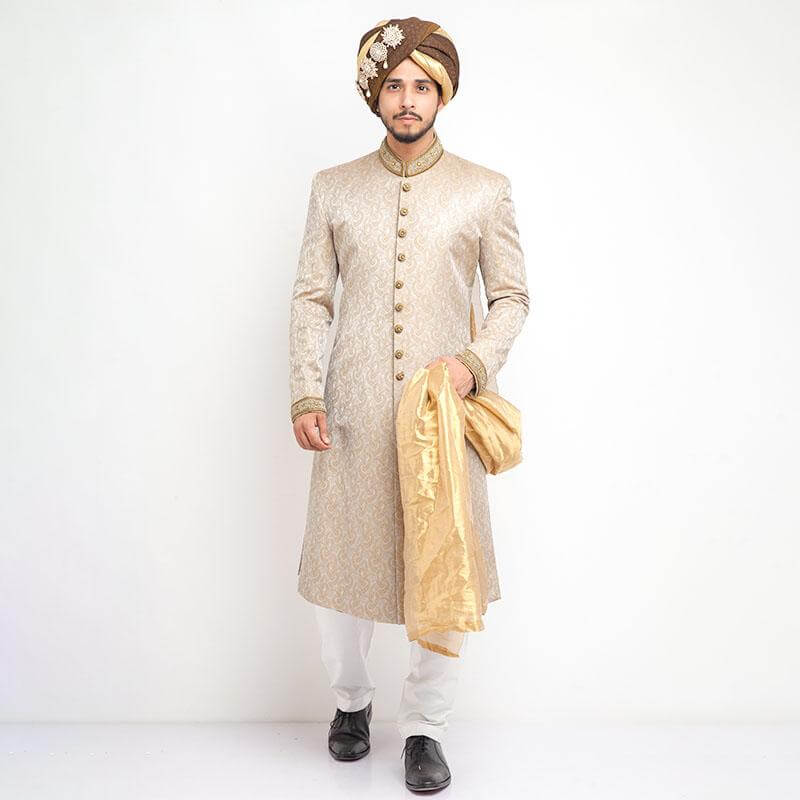 Elegant Ecru Pure Jamavar Sherwani for Men - Traditional Indian Wedding Attire & Formal Occasions