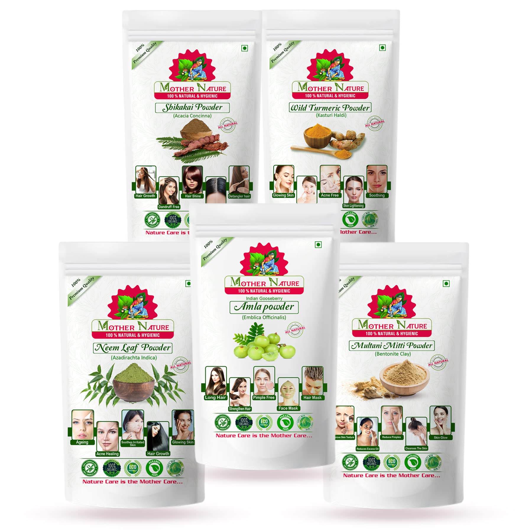 Organic Amla Powder, Wild Turmeric Powder, Shikakai Powder, Multani Mitti Clay & Neem Powder Combo Pack (5 x 500g) - Natural Ayurvedic Skincare & Haircare Treatment for Glowing Skin & Healthy Hair - DIY Face Masks, Hair Growth Remedies & Holistic Beauty Rituals