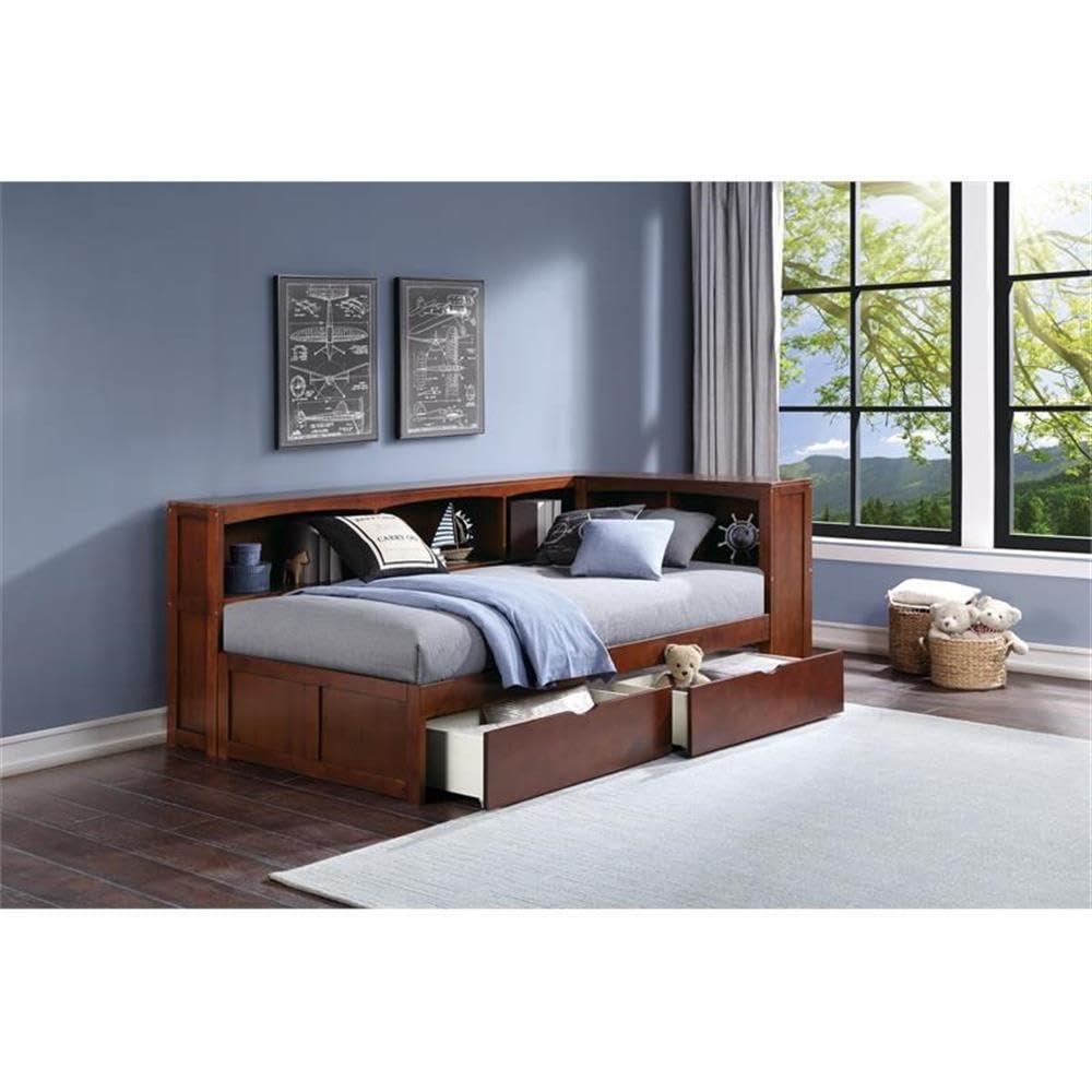 Pemberly Row Wood Twin Bookcase Corner Bed with Storage Boxes in Dark Cherry - Space-Saving Kids Bedroom Furniture for Small Rooms & Dorm Organization