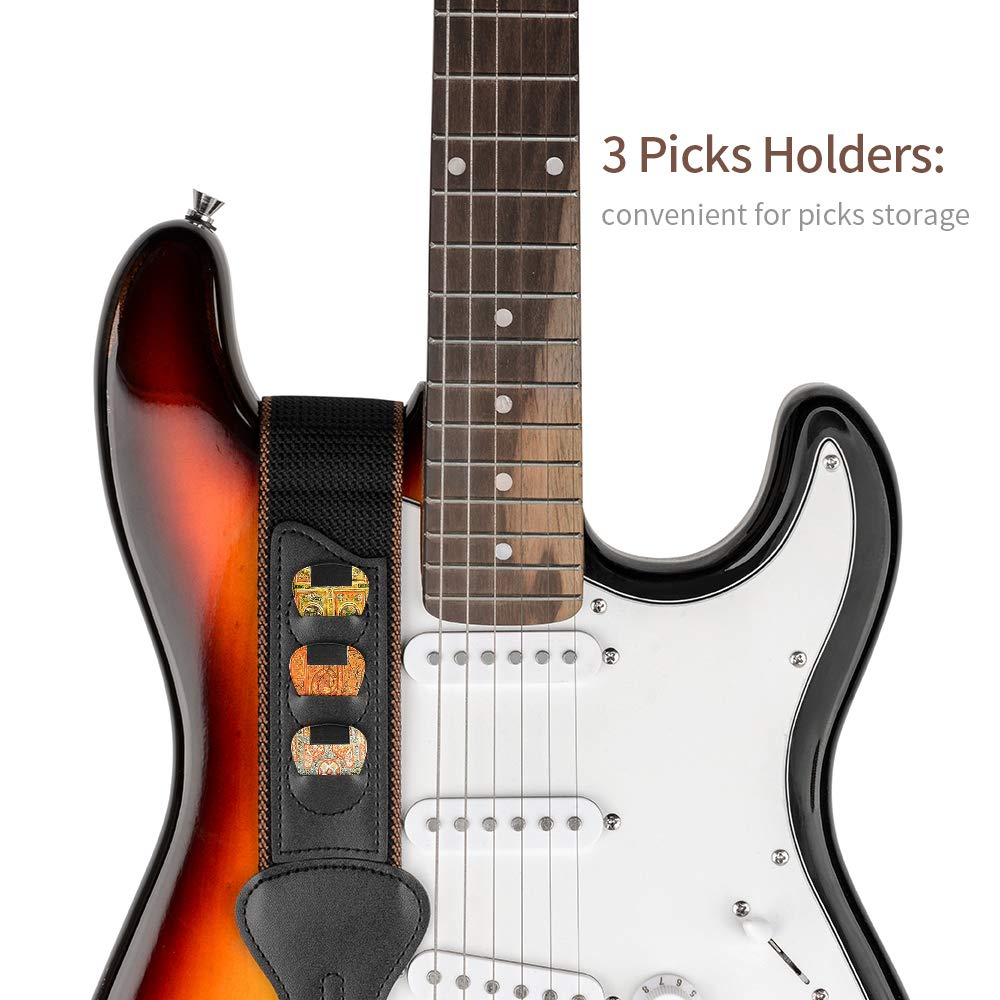 Premium Guitar Strap - 100% Soft Cotton Adjustable Strap with 3 Pick Holders for Bass, Electric & Acoustic Guitars | Comfortable & Durable for Live Performances, Studio Sessions & Practice