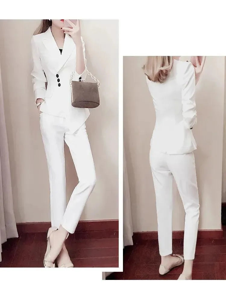 Women's Irregular Pant Suit with Side Buttons - Stylish Office Wear & Business Casual Outfit for Professional Women