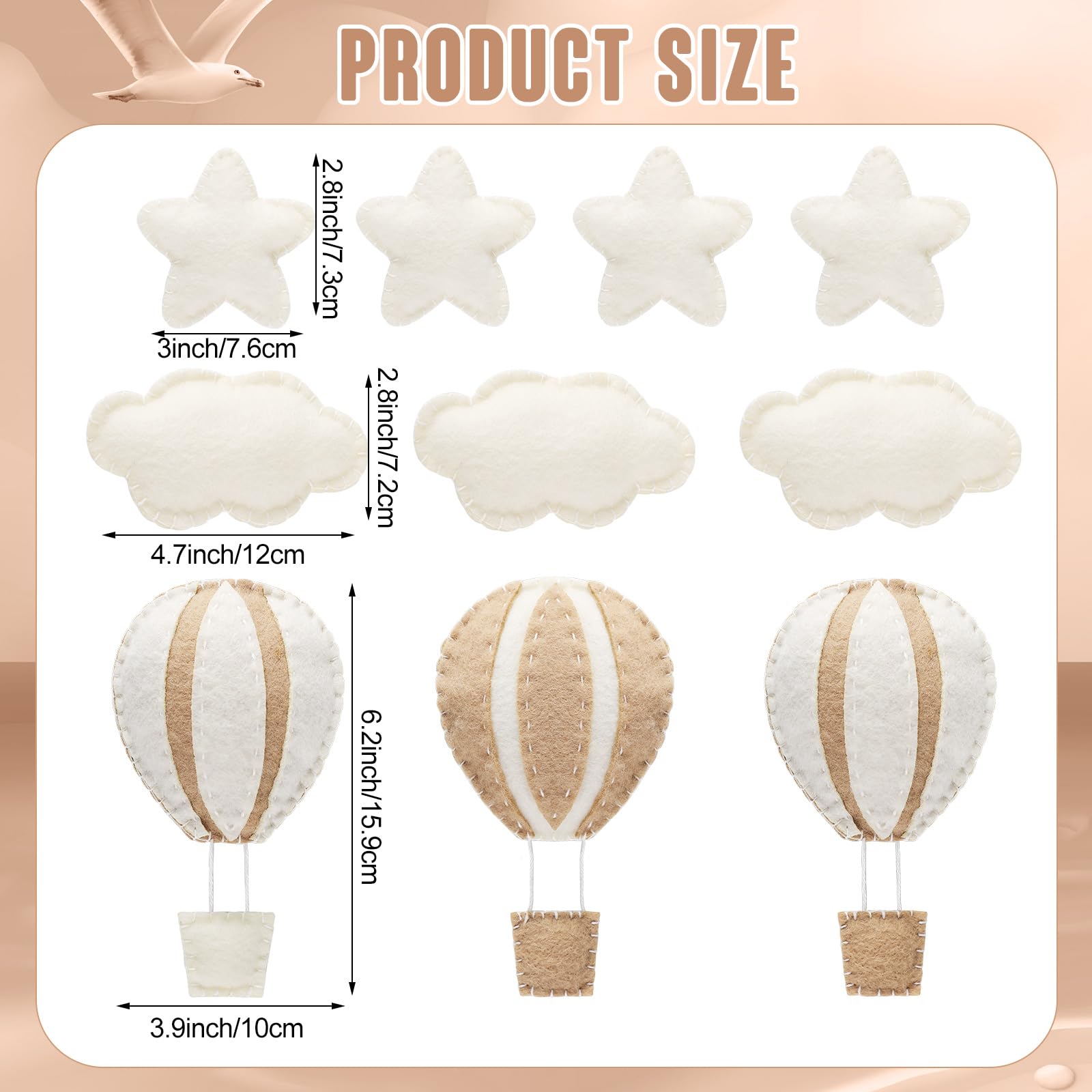 10 Pcs Star Hot Air Balloon and Cloud Nursery Wall Decor - Mini Felt Clouds & Stars for Baby Bedroom, Kids Room - Western Style Khaki Felt Wall Hanging - Perfect for Nursery, Toddler Room, and Playroom Decor