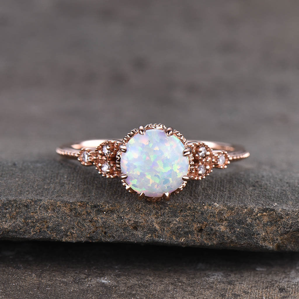 Antique Floral Opal Solitaire Engagement Ring in Rose Gold - Vintage Inspired Jewelry for Weddings, Proposals & Anniversary Gifts