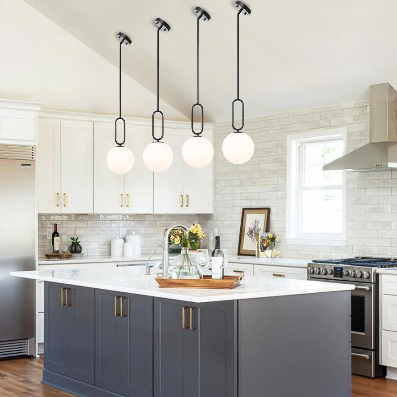 Modern Black Globe Pendant Light with Milky White Glass Shade - 2 Pack Adjustable Hanging Ceiling Fixture for Kitchen Island, Dining Room & Living Room - Perfect for Farmhouse, Industrial & Modern Home Decor