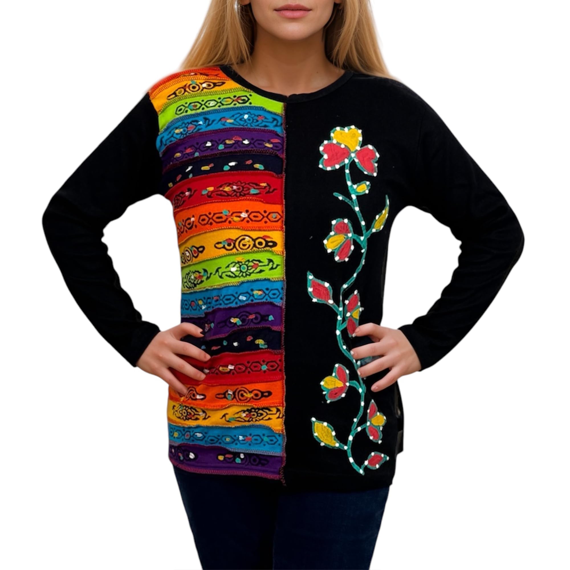 Agan Traders 2025 Spring Women's Bohemian Rib Knit Cotton Distressed Patch Embroidered Long Sleeve Sweatshirt Top Blouse - Perfect for Casual Outings, Music Festivals & Boho Chic Style