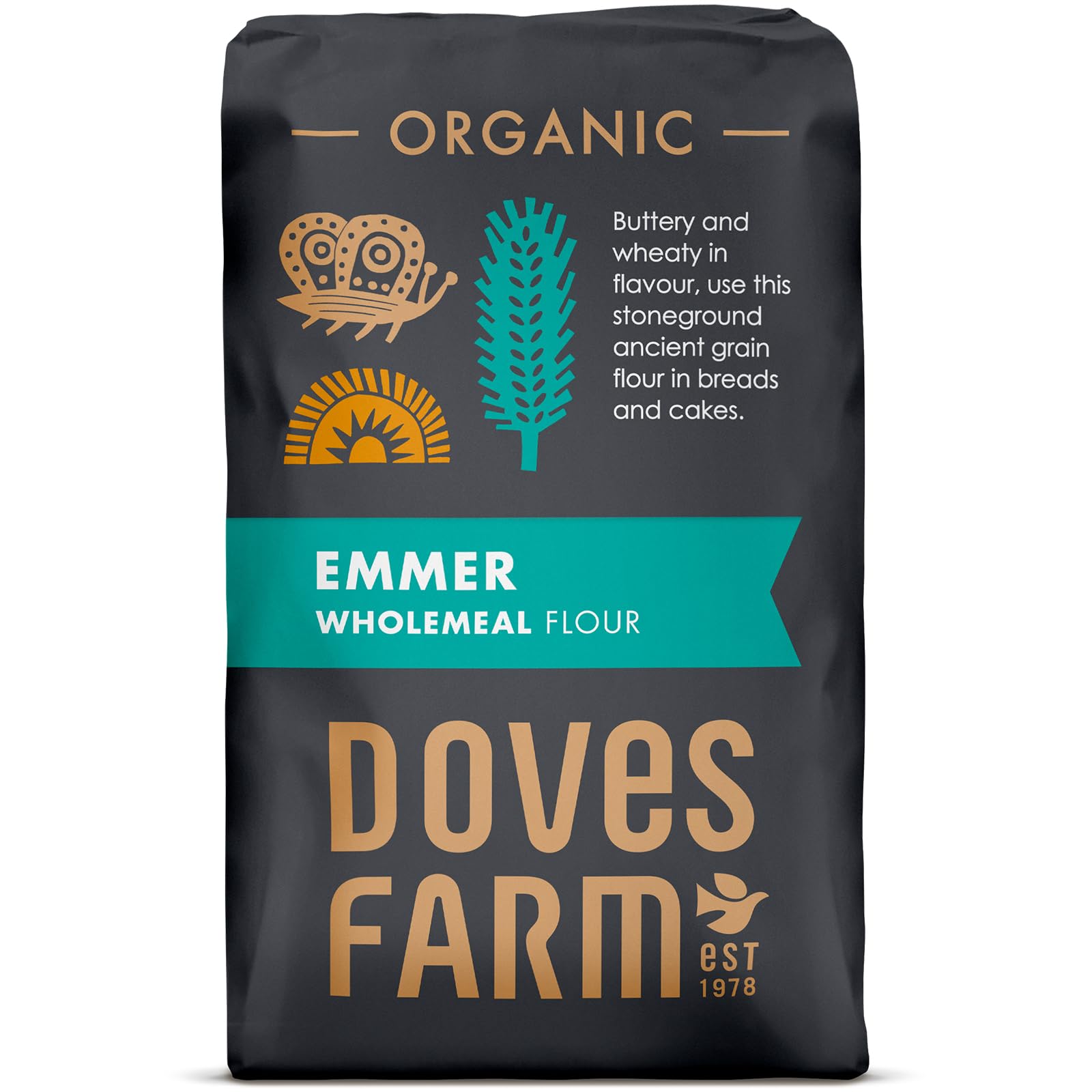 Organic Emmer Wholemeal Flour by Doves Farm | Stoneground Whole Wheat Flour for Bread & Cake Baking | High in Fiber & Protein | Traditional British Flour | Kosher & Vegan Certified | 35.27 Oz (1kg) | Perfect for Artisan Bread, Sourdough, Muffins & Healthy Baking