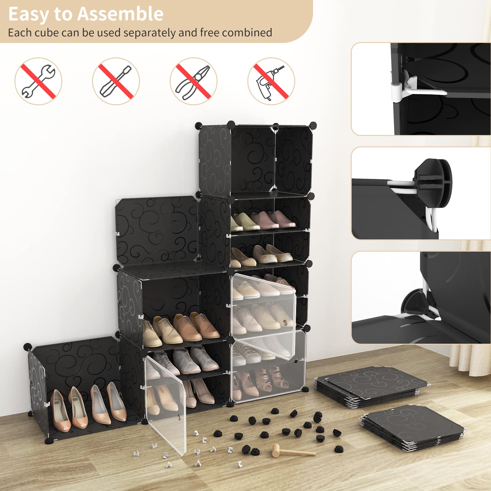 Portable Shoe Rack Organizer with Door - 96 Pairs Adjustable Stackable Shoe Storage Cabinet - Easy Assembly Plastic Free Standing Shelf for Closet, Entryway, Bedroom - DIY Expandable 12 Tier Black Shoe Organizer
