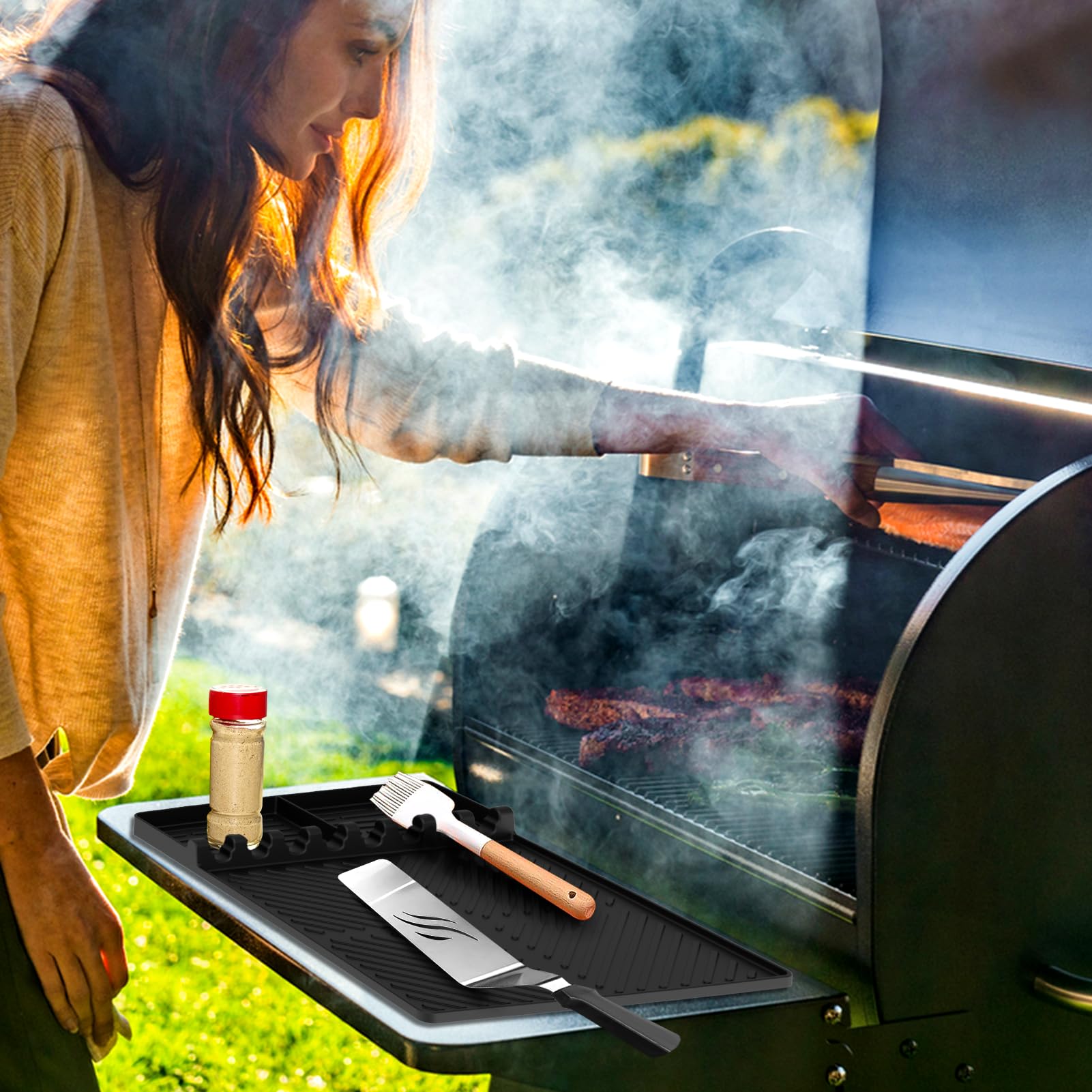 Premium Silicone Griddle Tools Mat for Blackstone Grill - Large Non-Slip BBQ Utensil Holder with Drip Tray - Heat-Resistant Cooking Mat for Kitchen Countertops - Perfect for Outdoor Grilling, Camping & Backyard BBQs