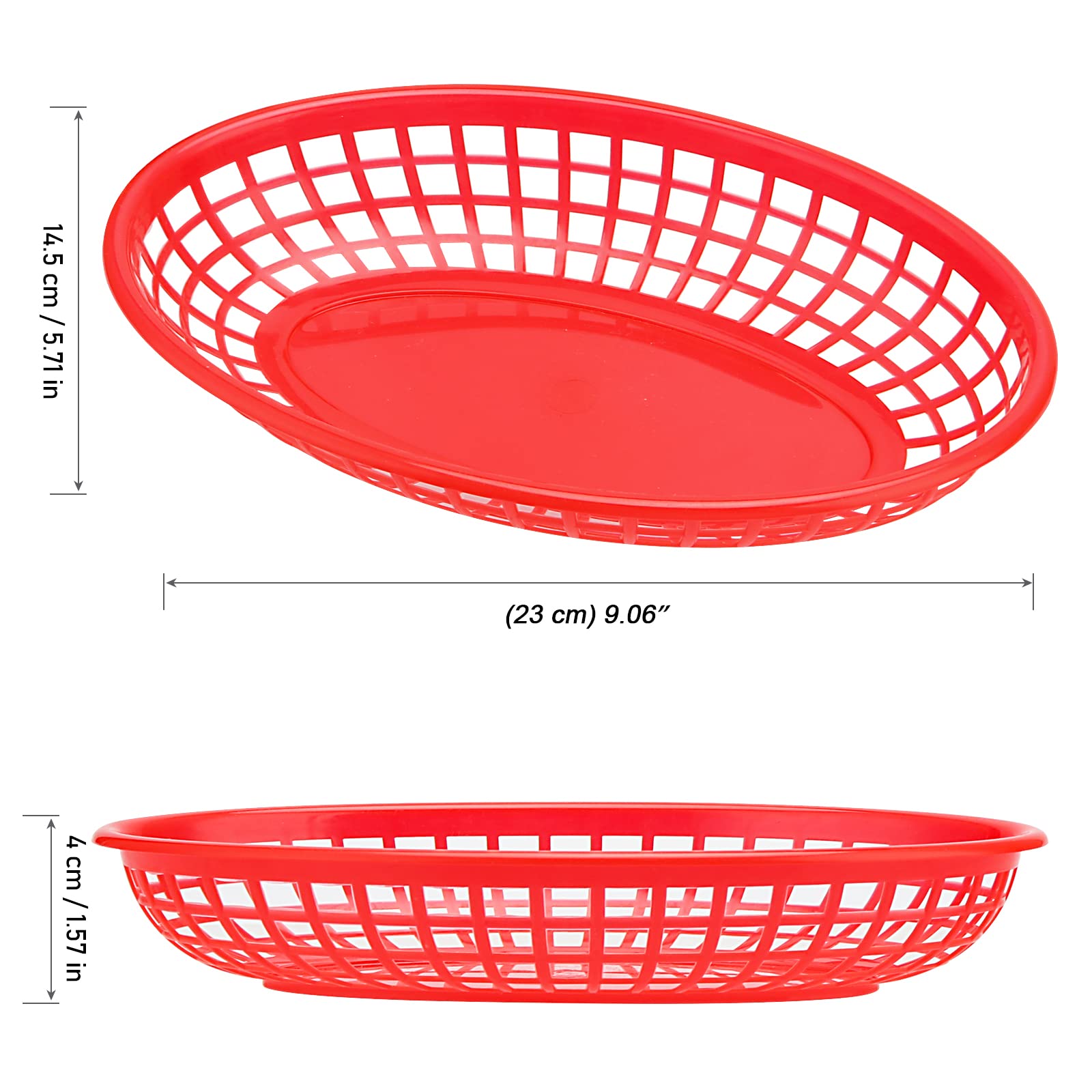 50 Pcs Red Plastic Fast Food Serving Baskets - 9 x 6 Inch Oval Food Trays for Bread, Fried Chicken, Fries, Fruits | Perfect for Restaurants, Catering, Parties & Home Kitchen Use