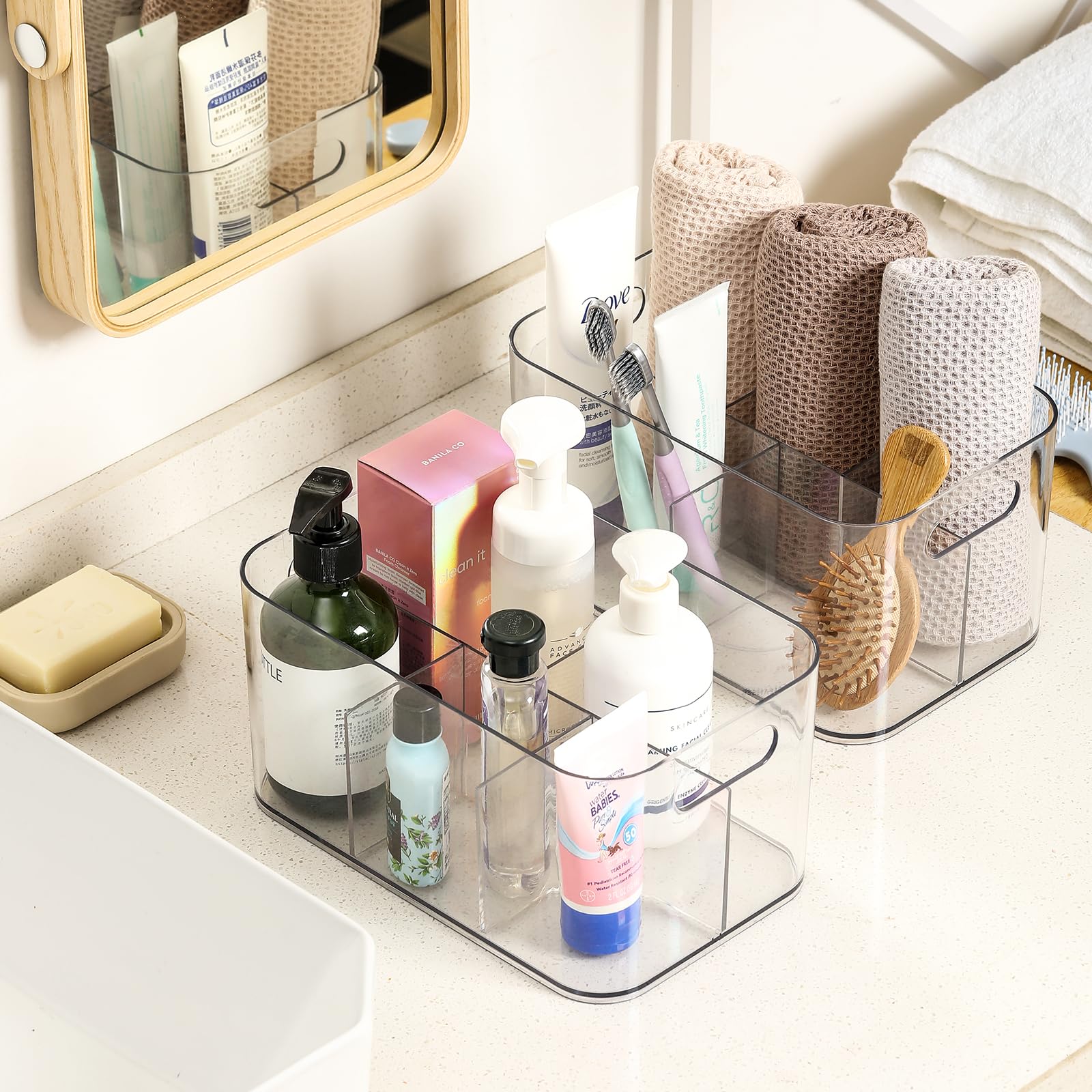 5-Compartment Clear Plastic Storage Bin - Divided Organizer for Art Supplies, Makeup & Cosmetics - Multi-Purpose Storage Container for Vanity, Bathroom, Kitchen, Office & Crafts - Perfect for Organizing Brushes, Nail Polish, Office Supplies & Cleaning Items (1 Pack)