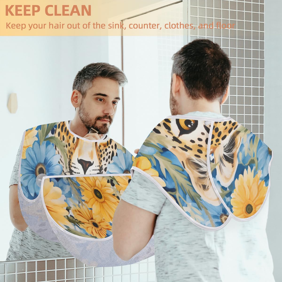 Men's Animal Leopard Daisy Beard Shaving Bib - Waterproof Hair Dye Cape for Barbers & Stylists, Sink Hair Catcher for Beard Trimming & Haircut | Perfect Salon Accessory & Gift for Barbershop, Home Grooming