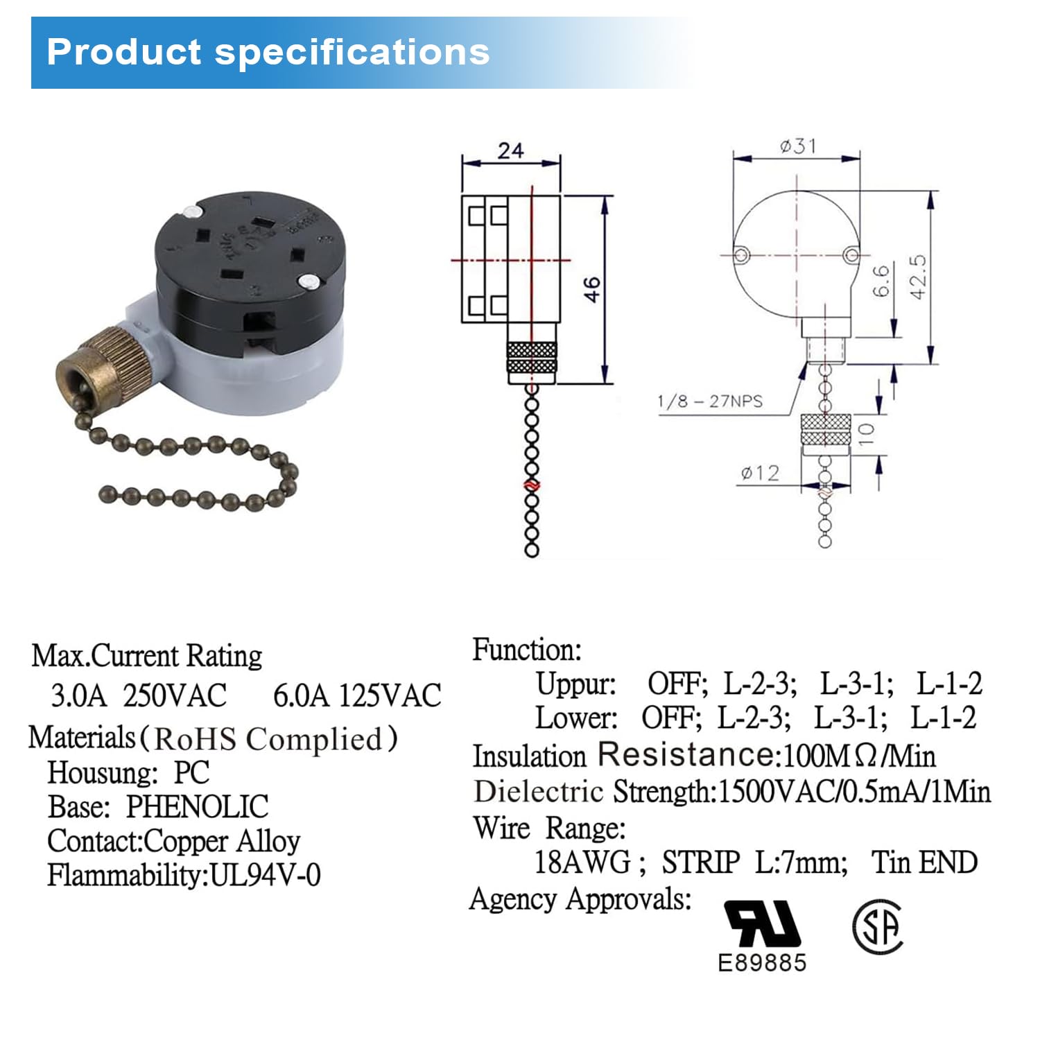 Zing Ear ZE-208D 3-Speed Ceiling Fan Control Switch with 5-8 Wire Pull Chain - Bronze Finish Replacement Part for Ceiling Fans - Perfect for Bedroom, Living Room & Office Fan Speed Control