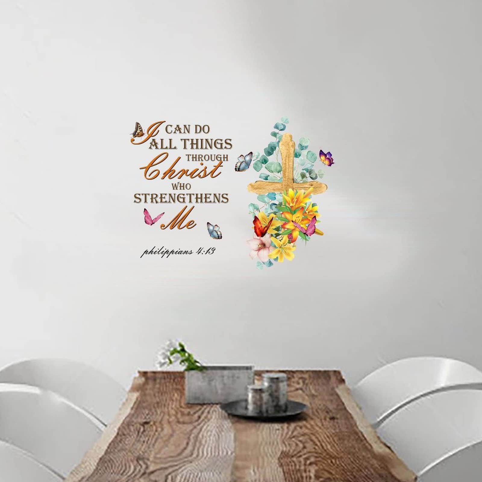 Custom Inspirational Wall Decal - 'I Can Do All Things Through Christ' Bible Verse with Lily Flower & Cross Design - 22 Inch Religious Wall Stickers for Bedroom, Living Room, Office - Perfect for Christian Home Decor & Gift Giving
