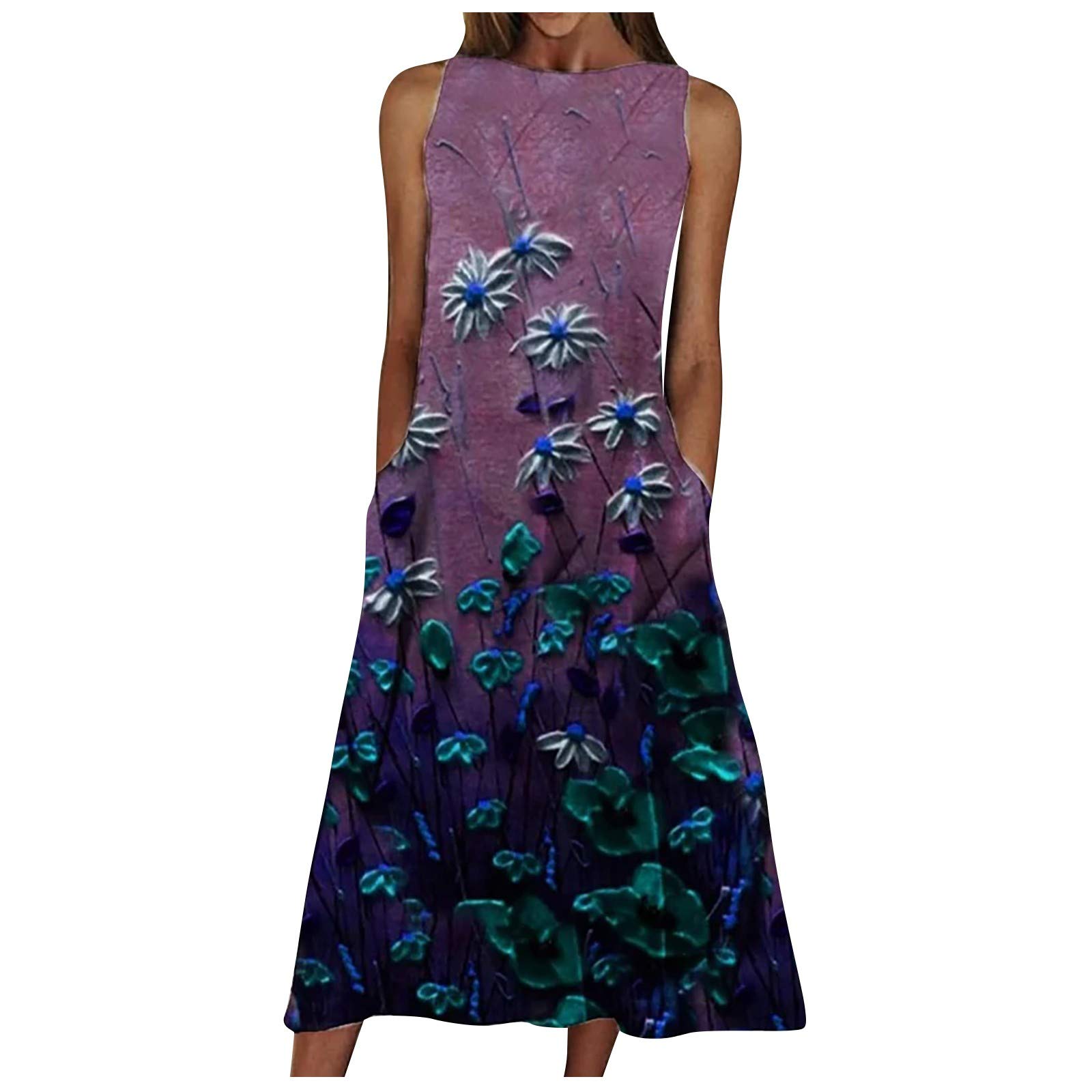 Floral Print Round Neck Sleeveless Summer Dress with Pockets - Women's Casual Flowy Dress for Beach, Vacation & Everyday Wear