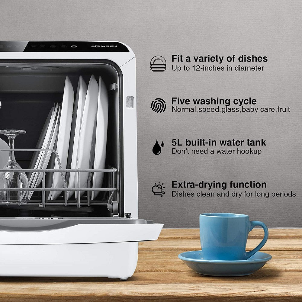 Portable Countertop Dishwasher with 5L Built-in Water Tank - Compact & Energy Efficient for Small Kitchens, Apartments, RVs, and Dorms
