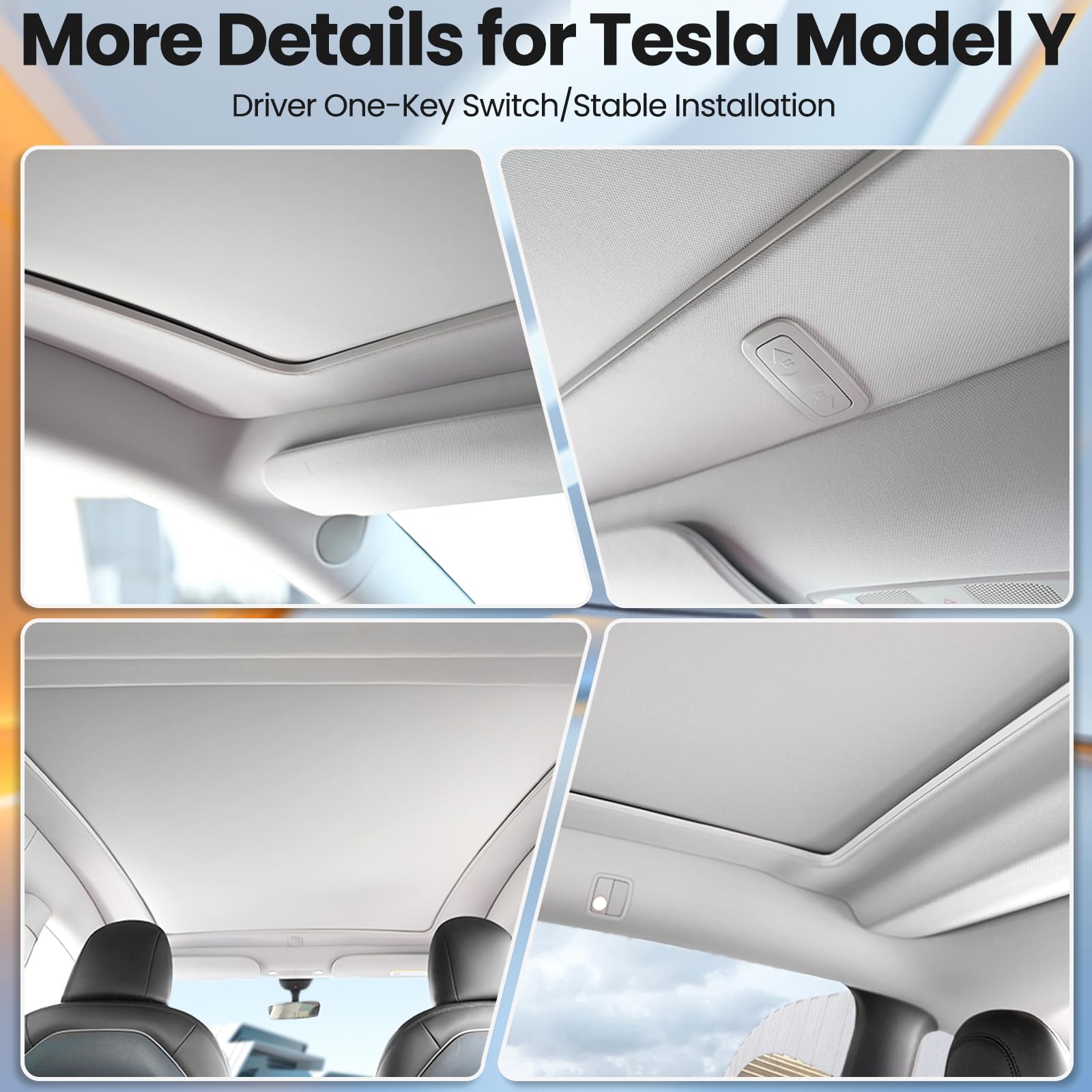 Premium Retractable Electric Sunshade Roof for Tesla Model Y (2019-2024) - 5-Layer 99.9% UV Protection, Heat Insulation, Hidden Wires - Interior Gray - Perfect for Summer Driving & UV Protection