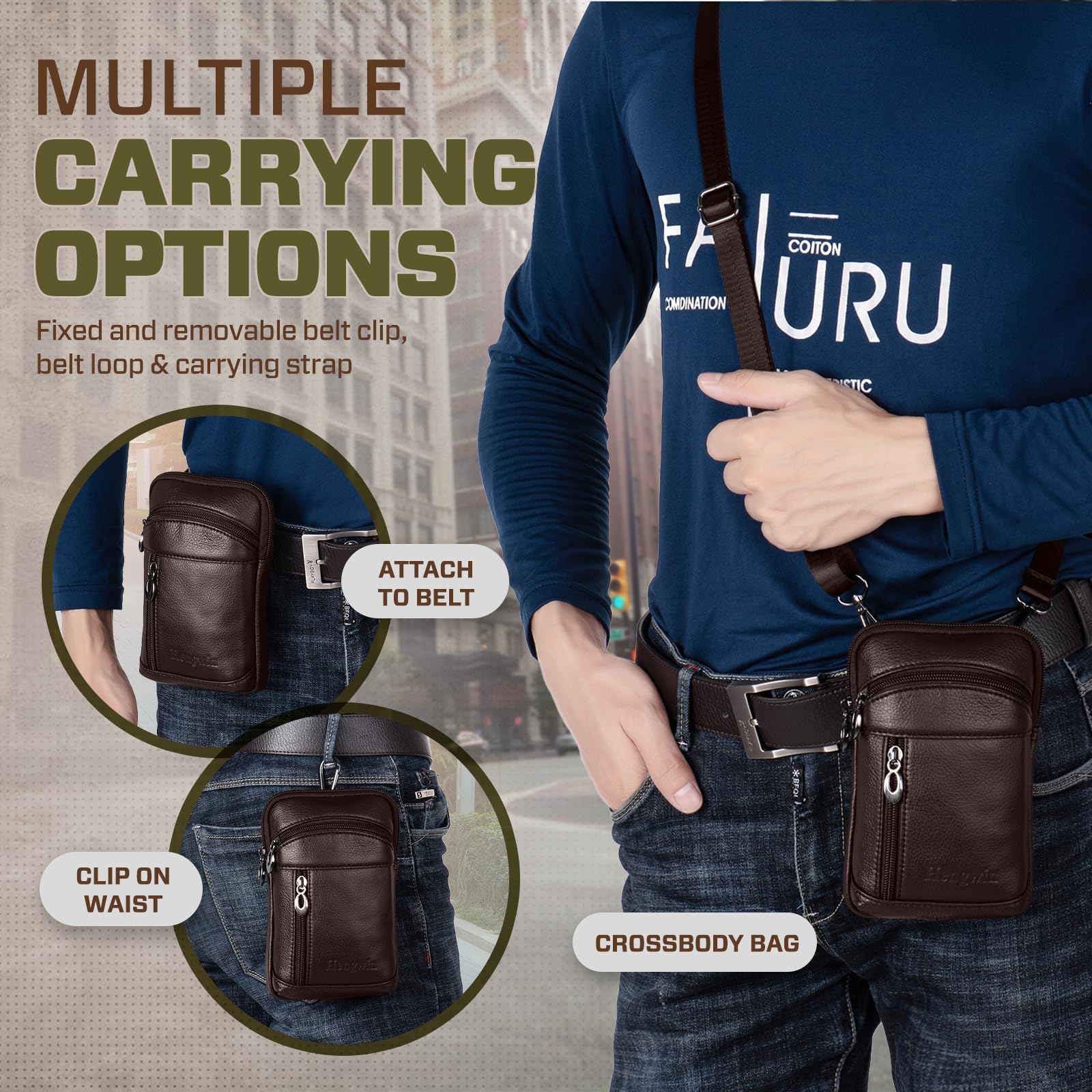 Premium Leather Phone Holster for iPhone 16 Pro Max/15 Pro Max/14 Pro Max & Samsung Galaxy A15/S25 Ultra/S24 Ultra - Belt Pouch, Crossbody Bag, Wallet Case with Clip (Coffee Brown) - Perfect for Work, Travel & Outdoor Activities