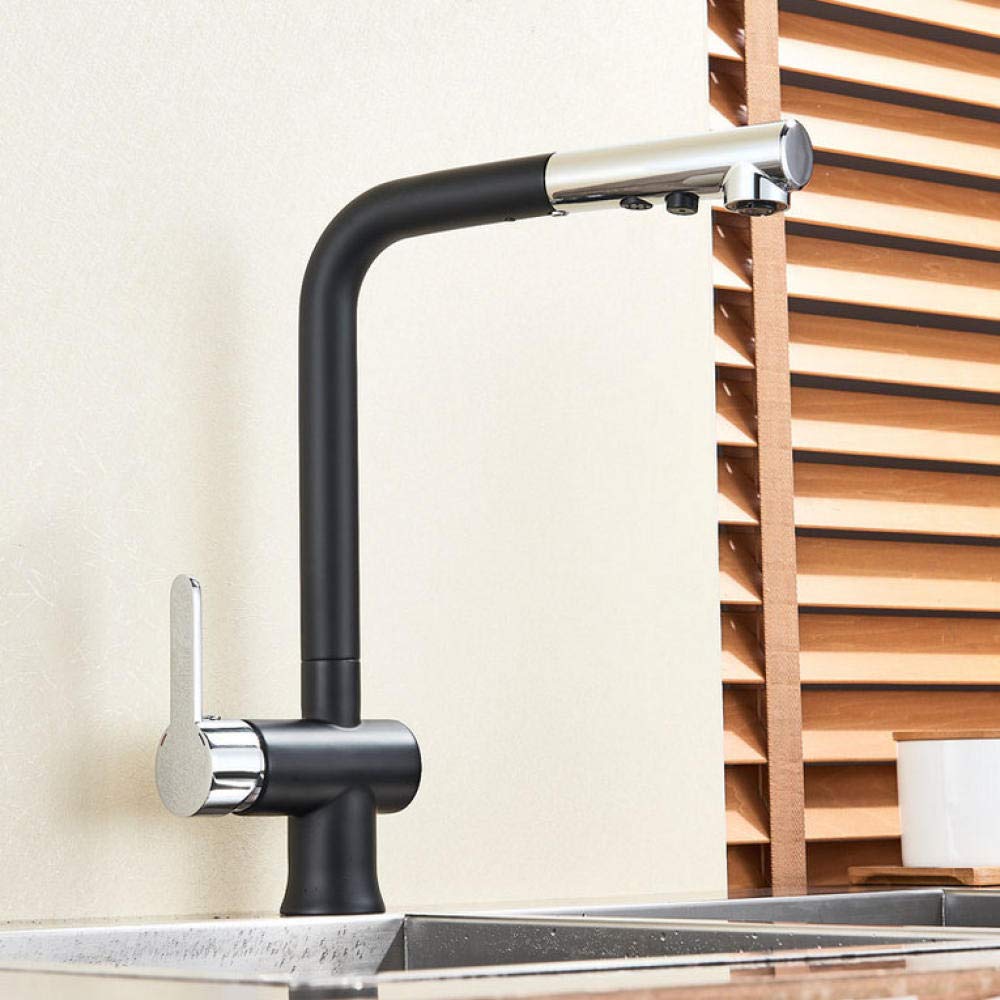 Deck Mounted Pull Out Kitchen Faucet - Single Handle Chrome & Black Finish - Hot & Cold Water Mixer - 2 Function Spray Head - Perfect for Modern Kitchens & Bar Sinks