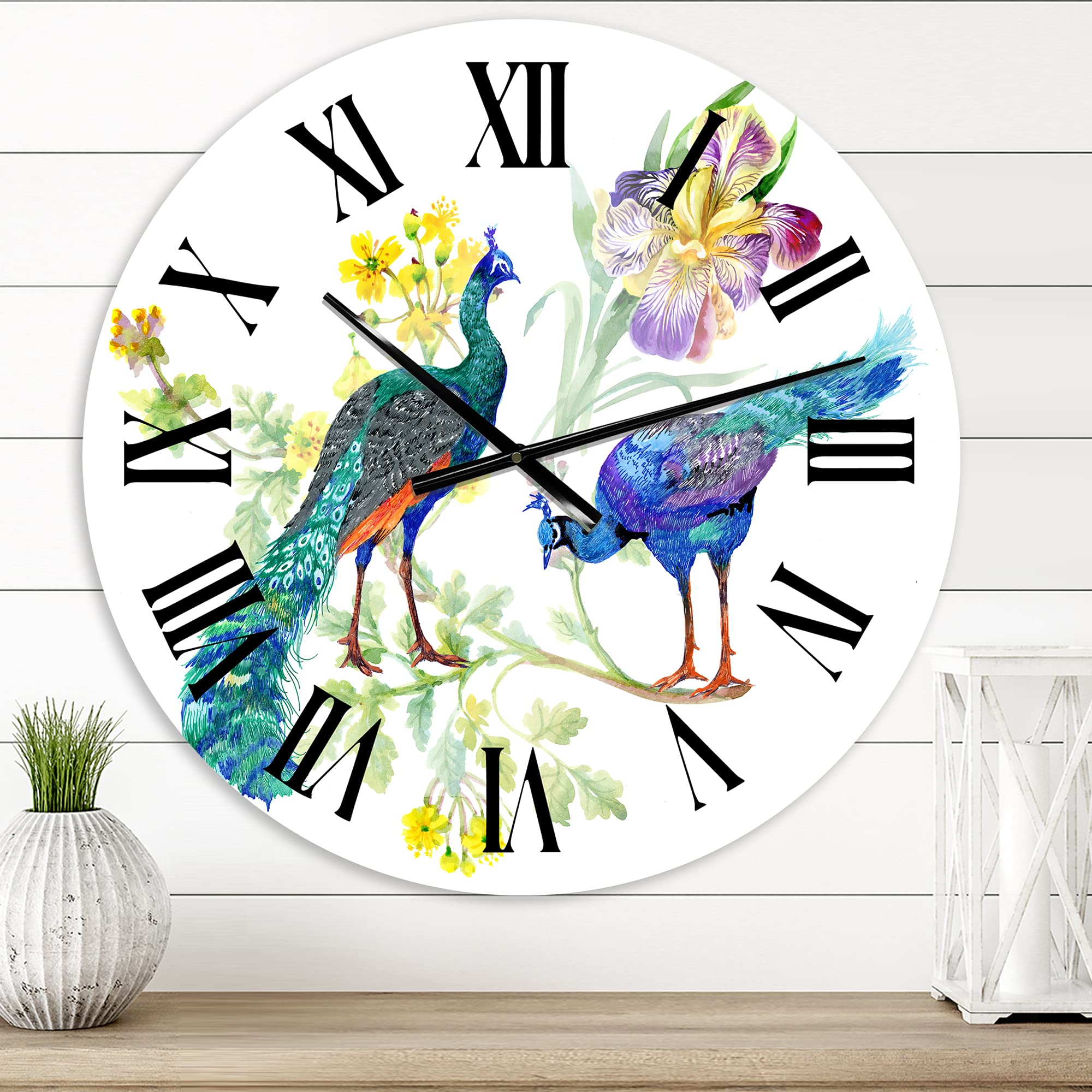 DesignQ Traditional Peacock & Iris Flower Large Wall Clock - Elegant Office Decor, Home Living Room Decoration, Vintage Style Clock for Wall