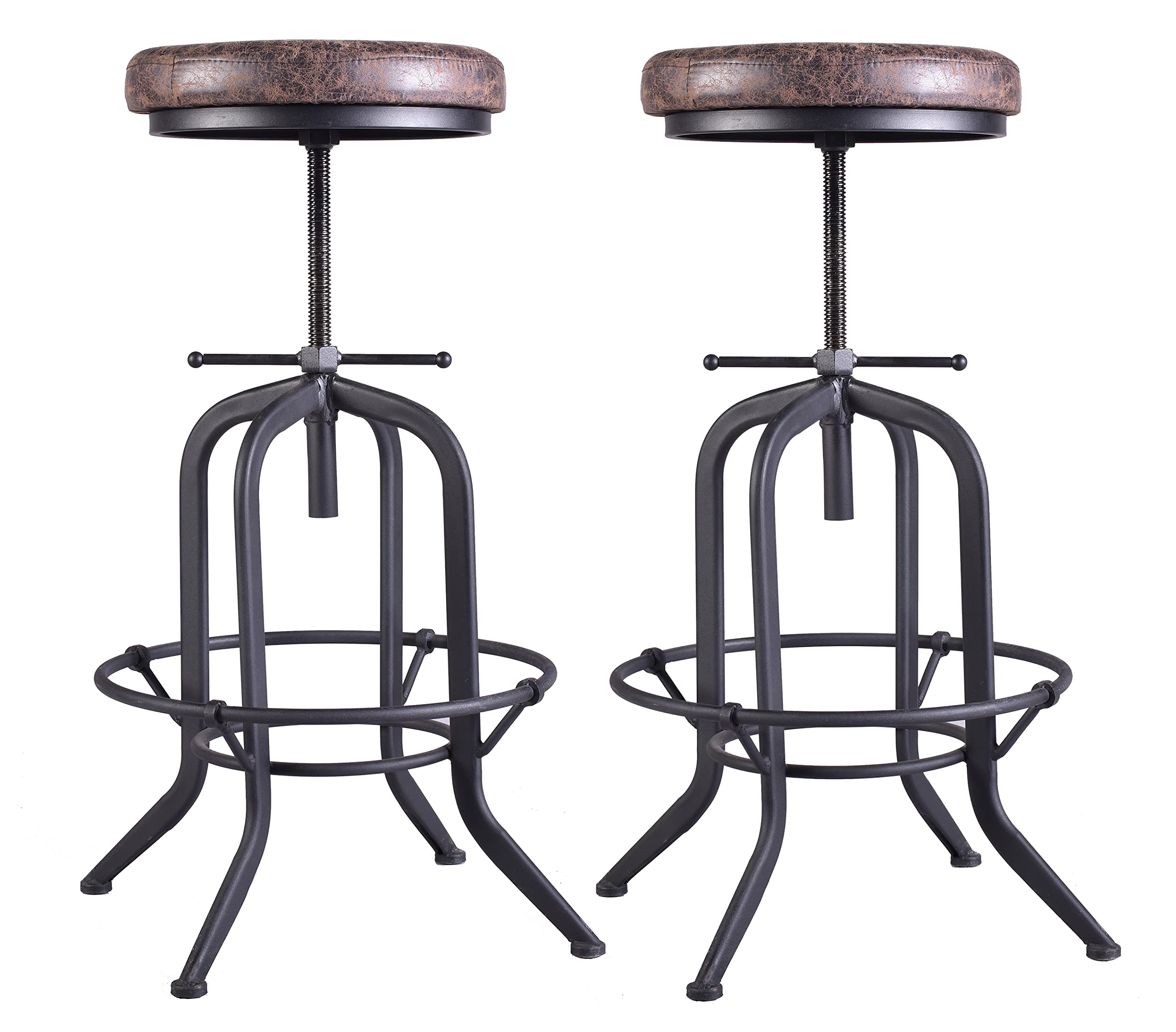 Set of 2 Vintage Industrial Bar Stools - Adjustable Height 25.39-31.29 Inch Swivel Pub Stools with PU Leather Cushion & Iron Pipe Frame - Rustic Kitchen Counter Stools for Home Bar, Cafe or Restaurant Decor